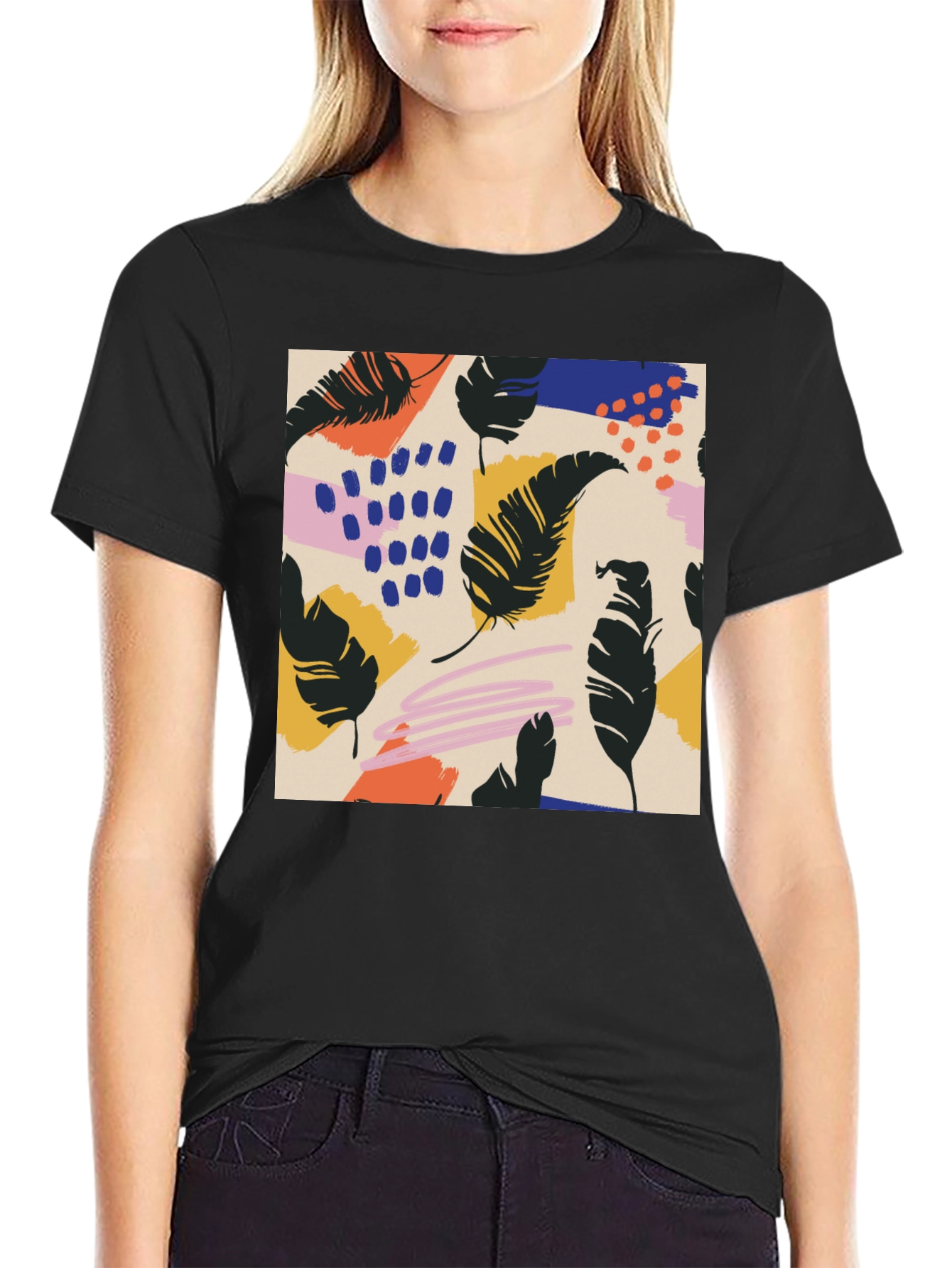 Modern Feather Graphic Black T-Shirt