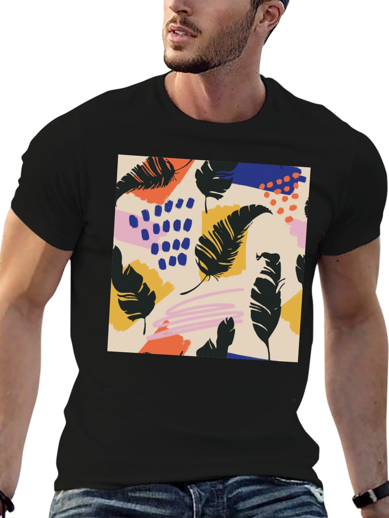 Modern Feather Graphic Black T-Shirt
