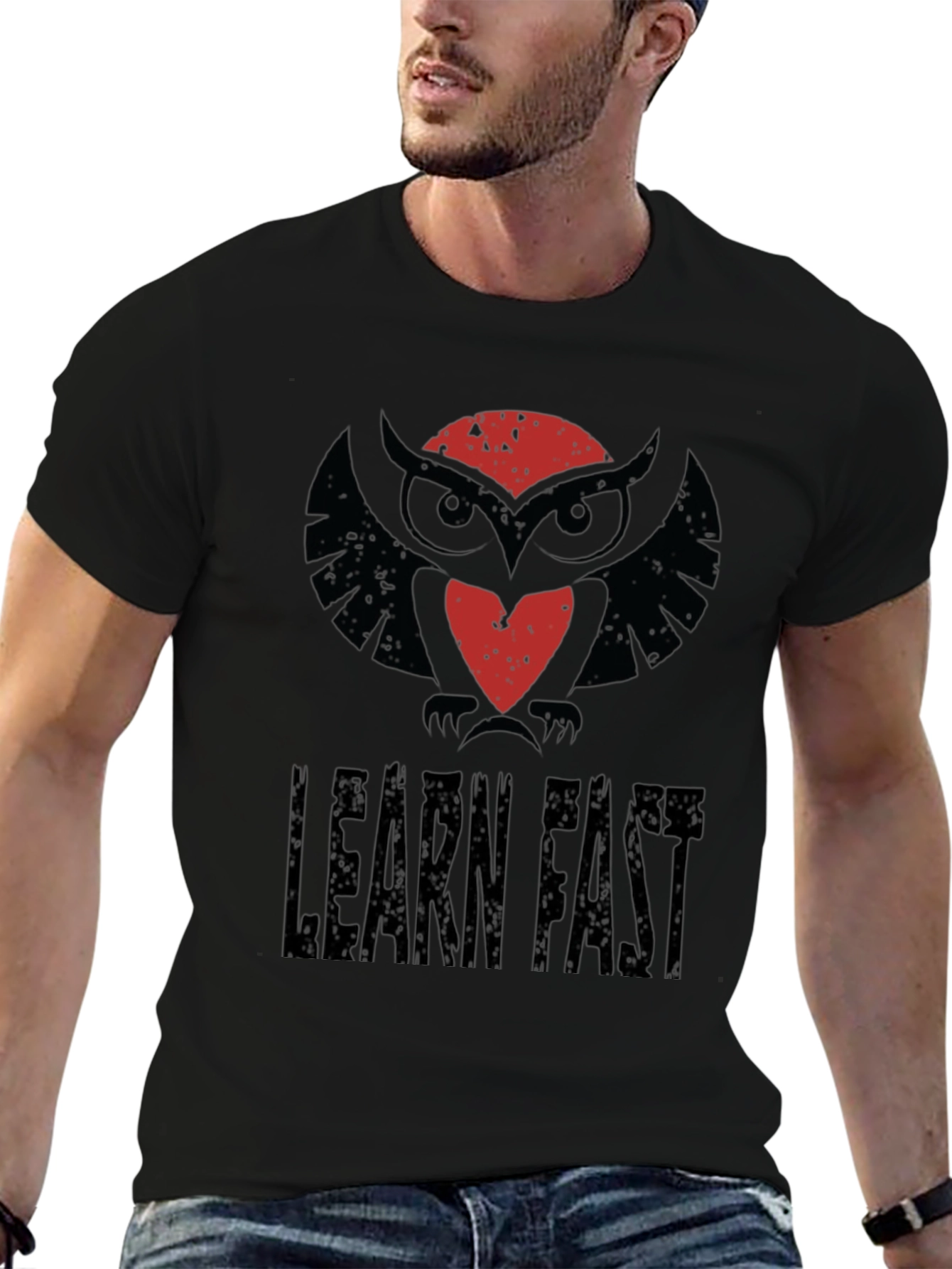 Learn Fast Owl Graphic Tee - Black Cotton T-Shirt
