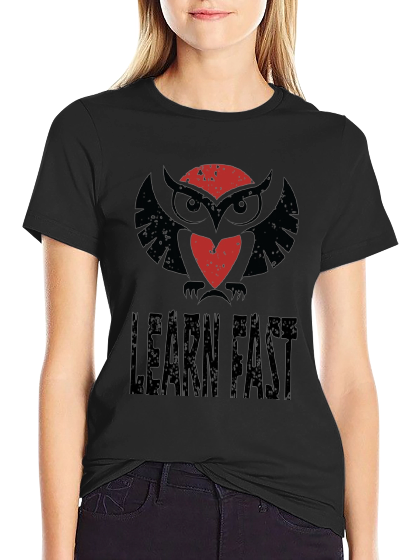 Learn Fast Owl Graphic Tee - Black Cotton T-Shirt
