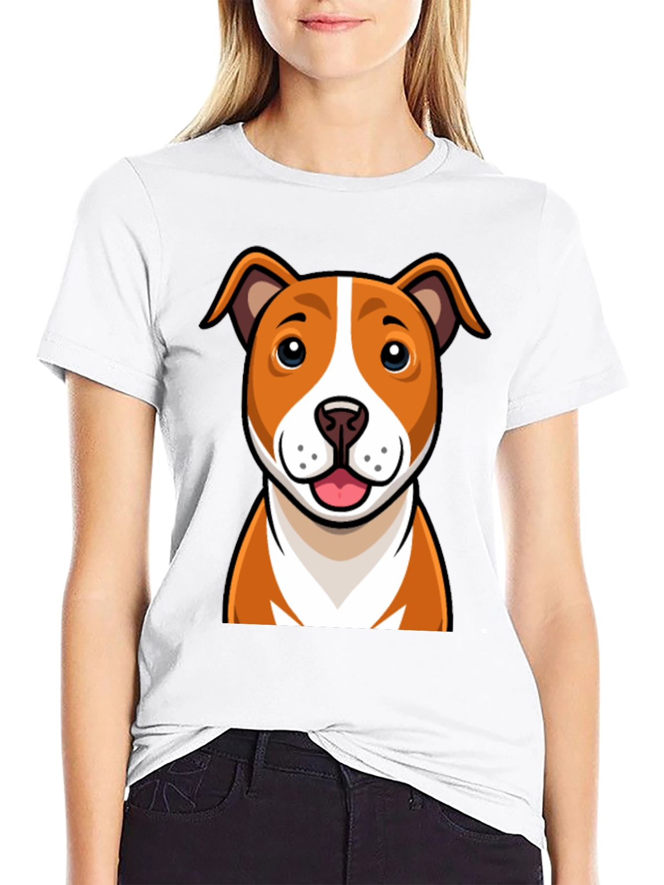 Cartoon Dog Graphic Tee - Black Crew Neck T-Shirt