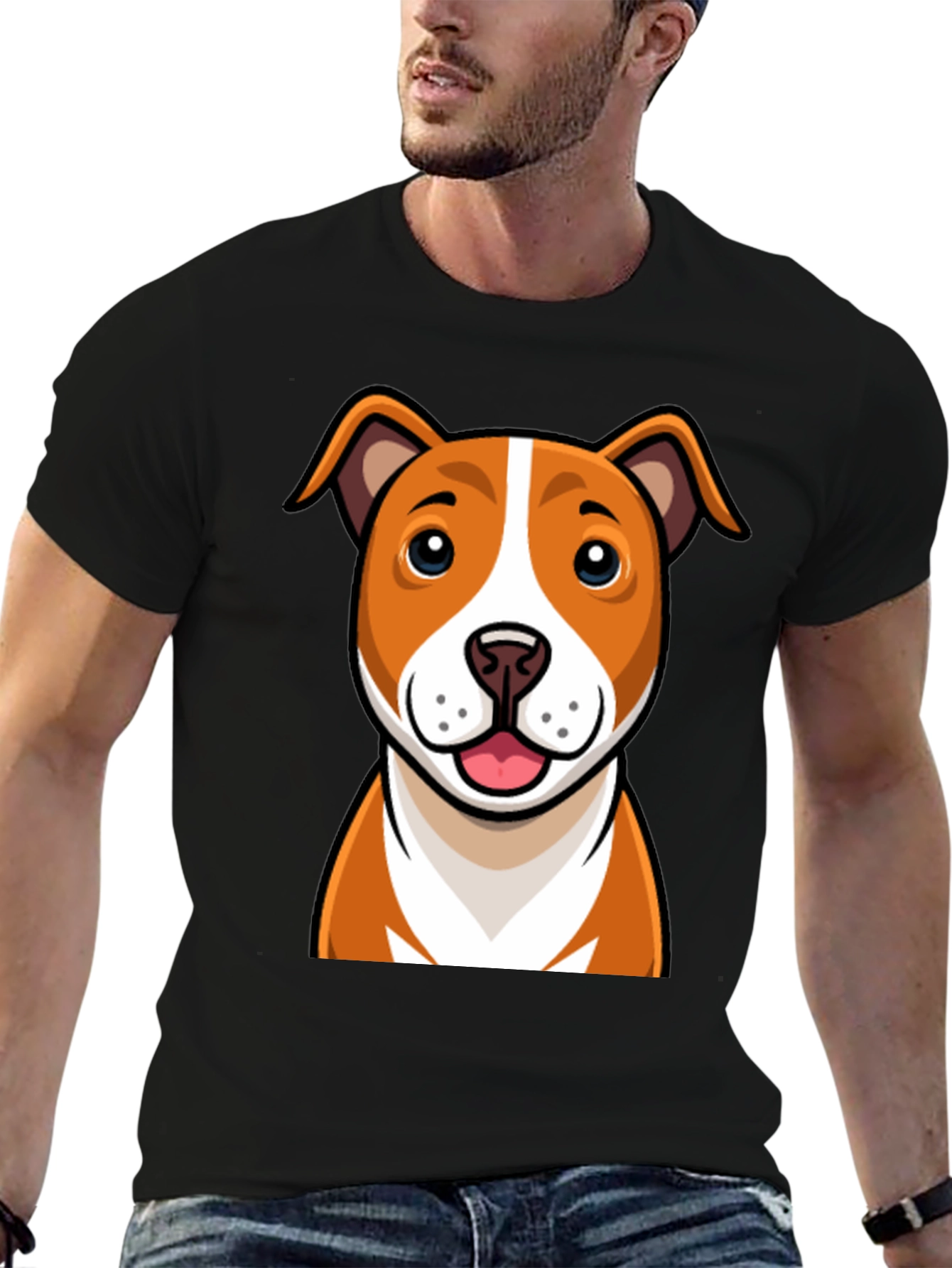 Cartoon Dog Graphic Tee - Black Crew Neck T-Shirt