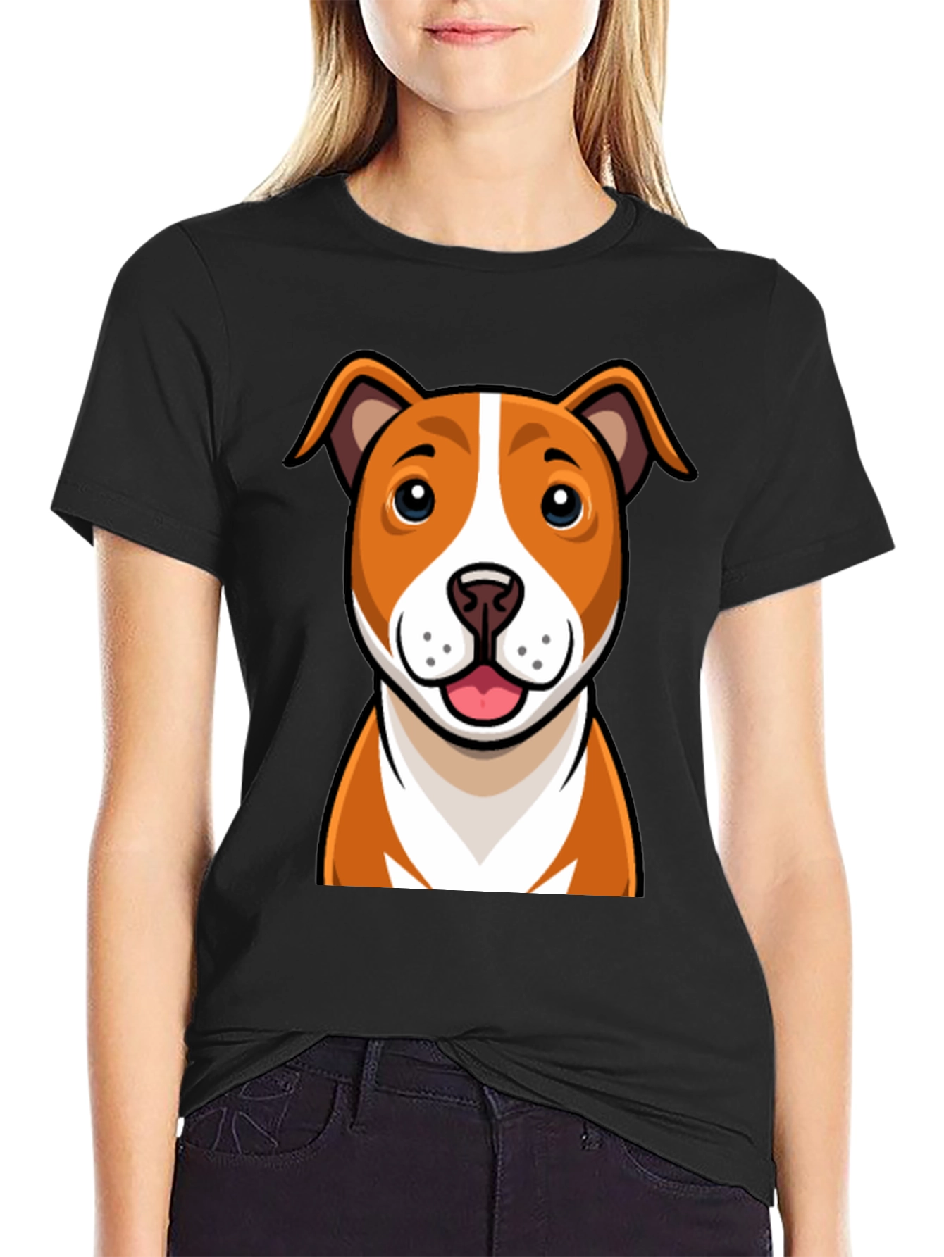 Cartoon Dog Graphic Tee - Black Crew Neck T-Shirt