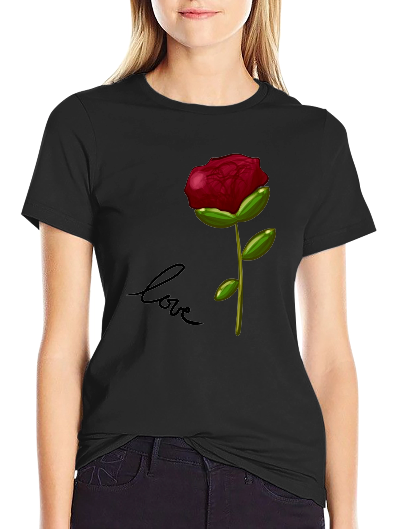 Rose Love Graphic T-Shirt - Stylish Black Tee