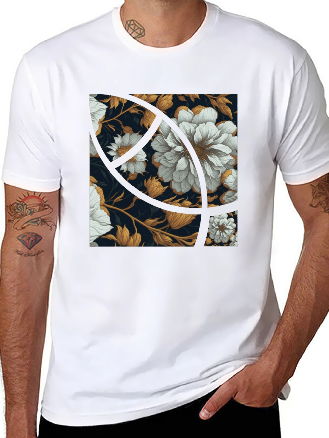 Floral Graphic Print Black Crew Neck Tee