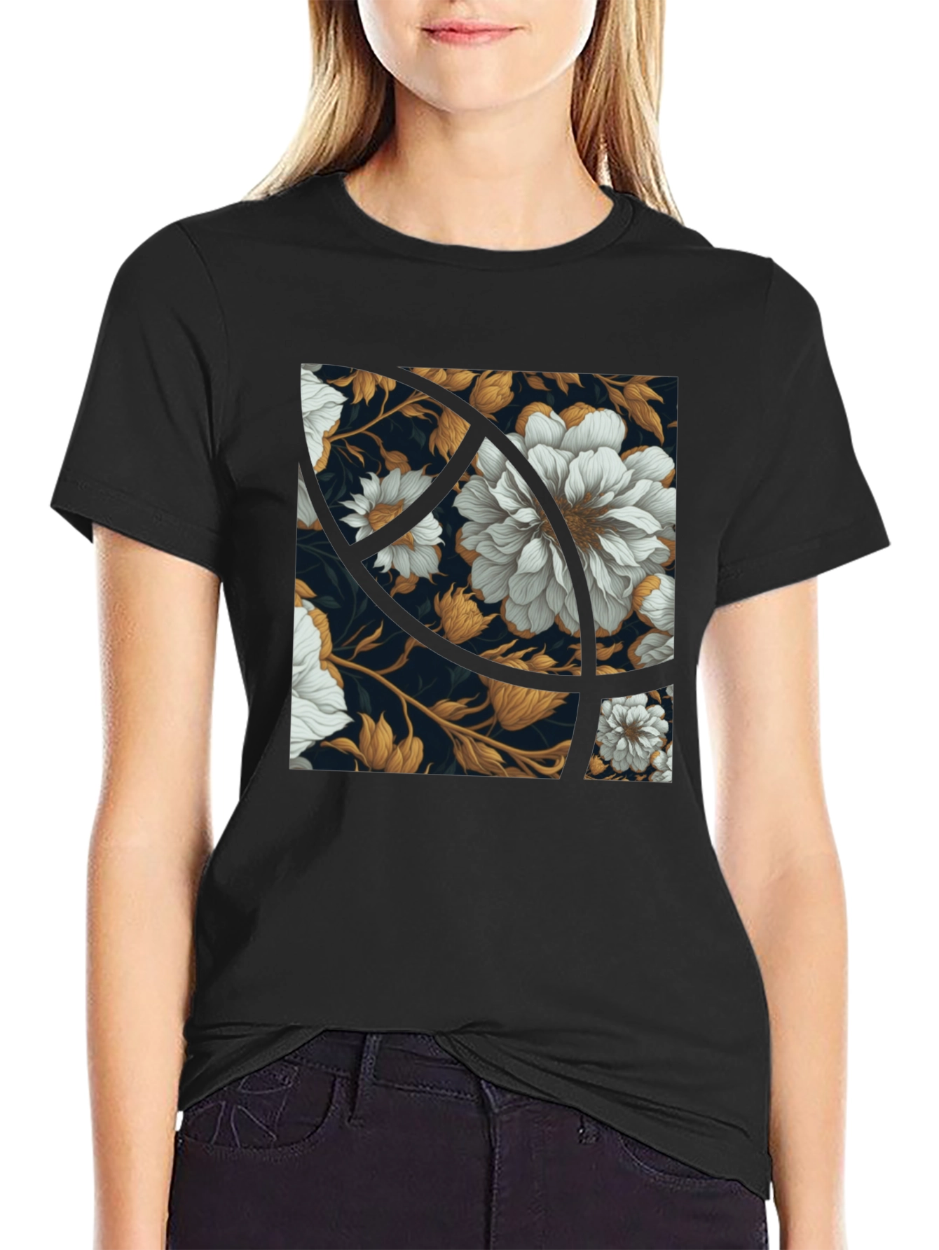 Floral Graphic Print Black Crew Neck Tee