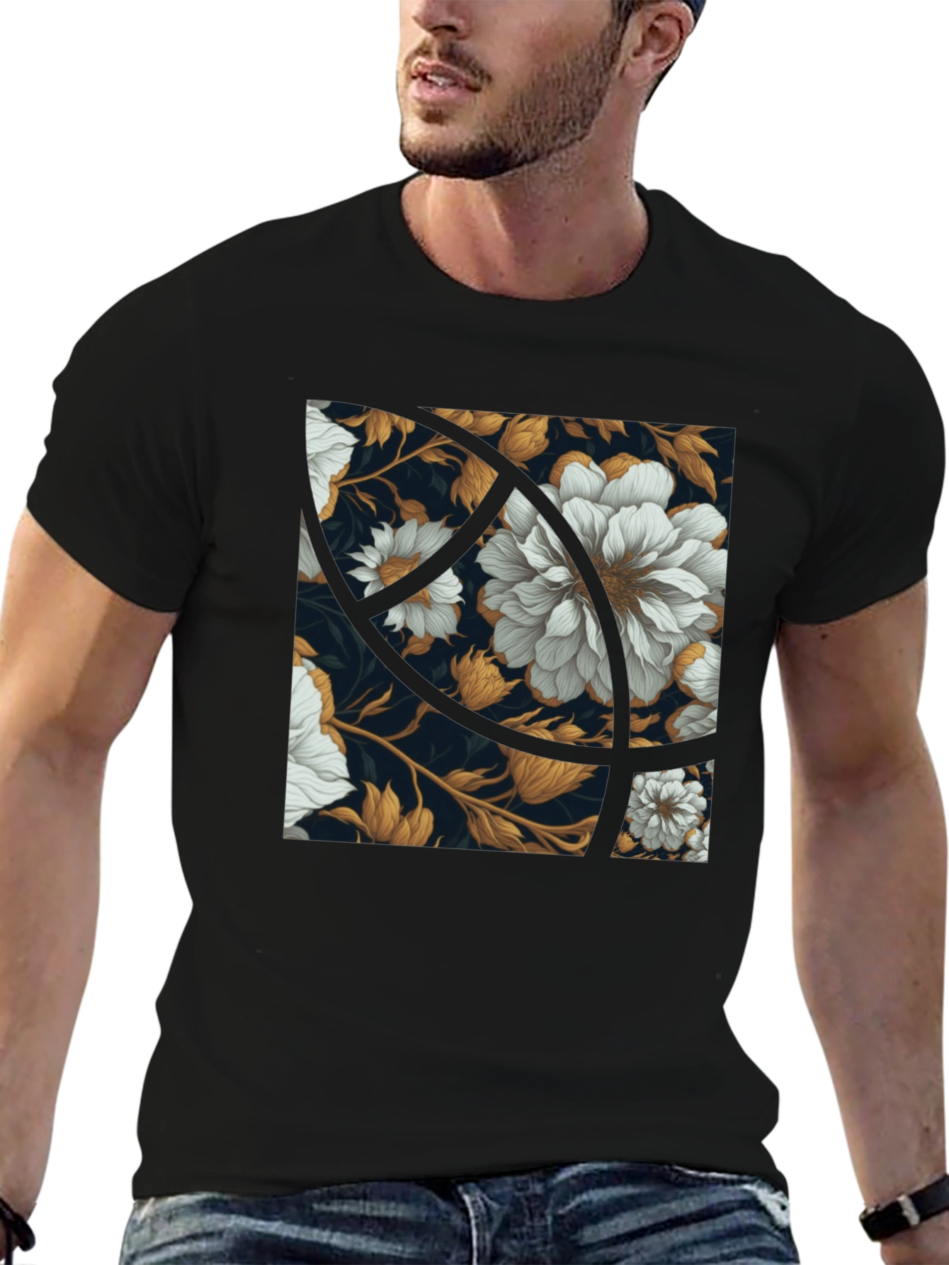 Floral Graphic Print Black Crew Neck Tee