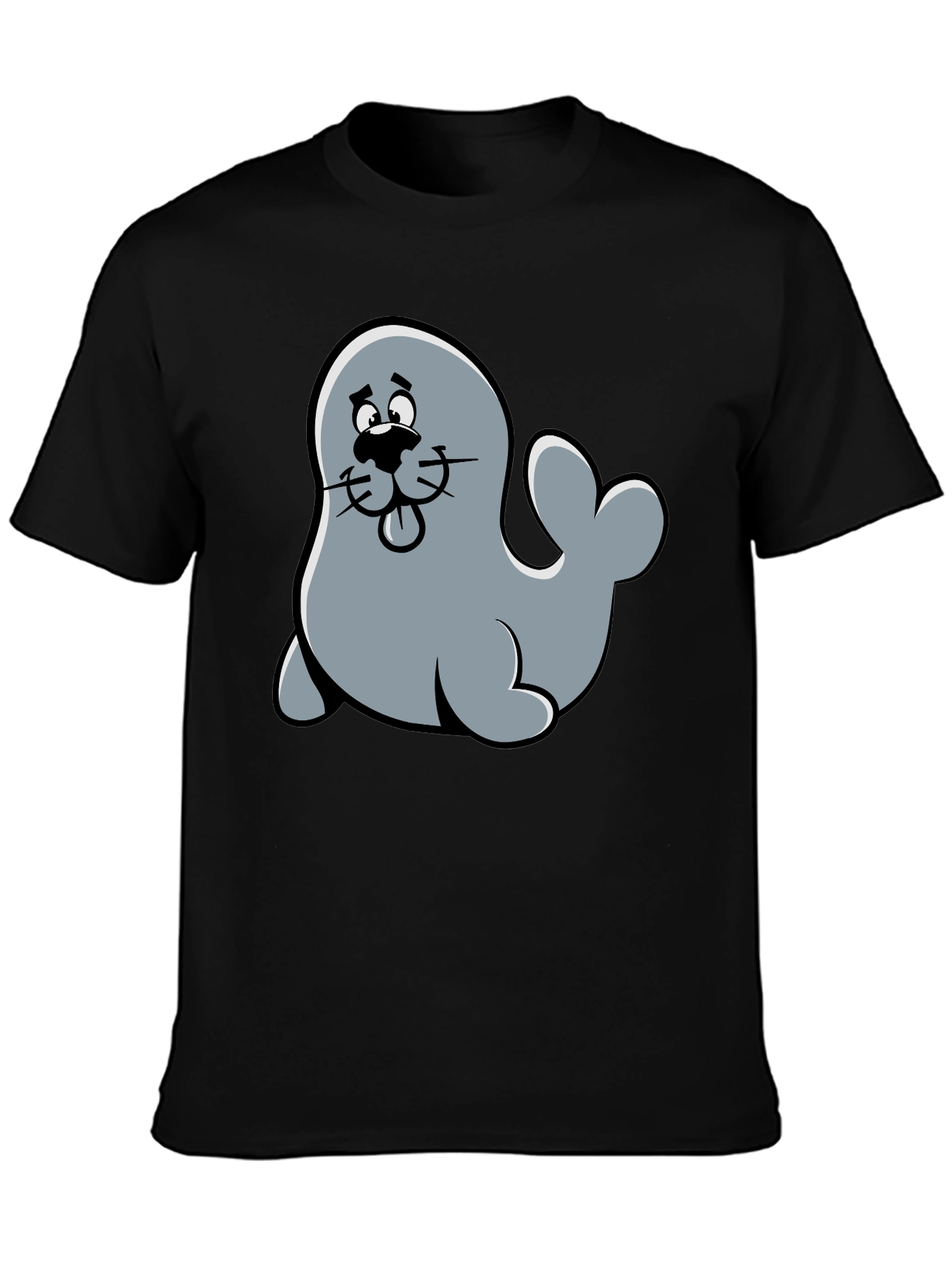 Cute Seal Cartoon Graphic Tee - Black