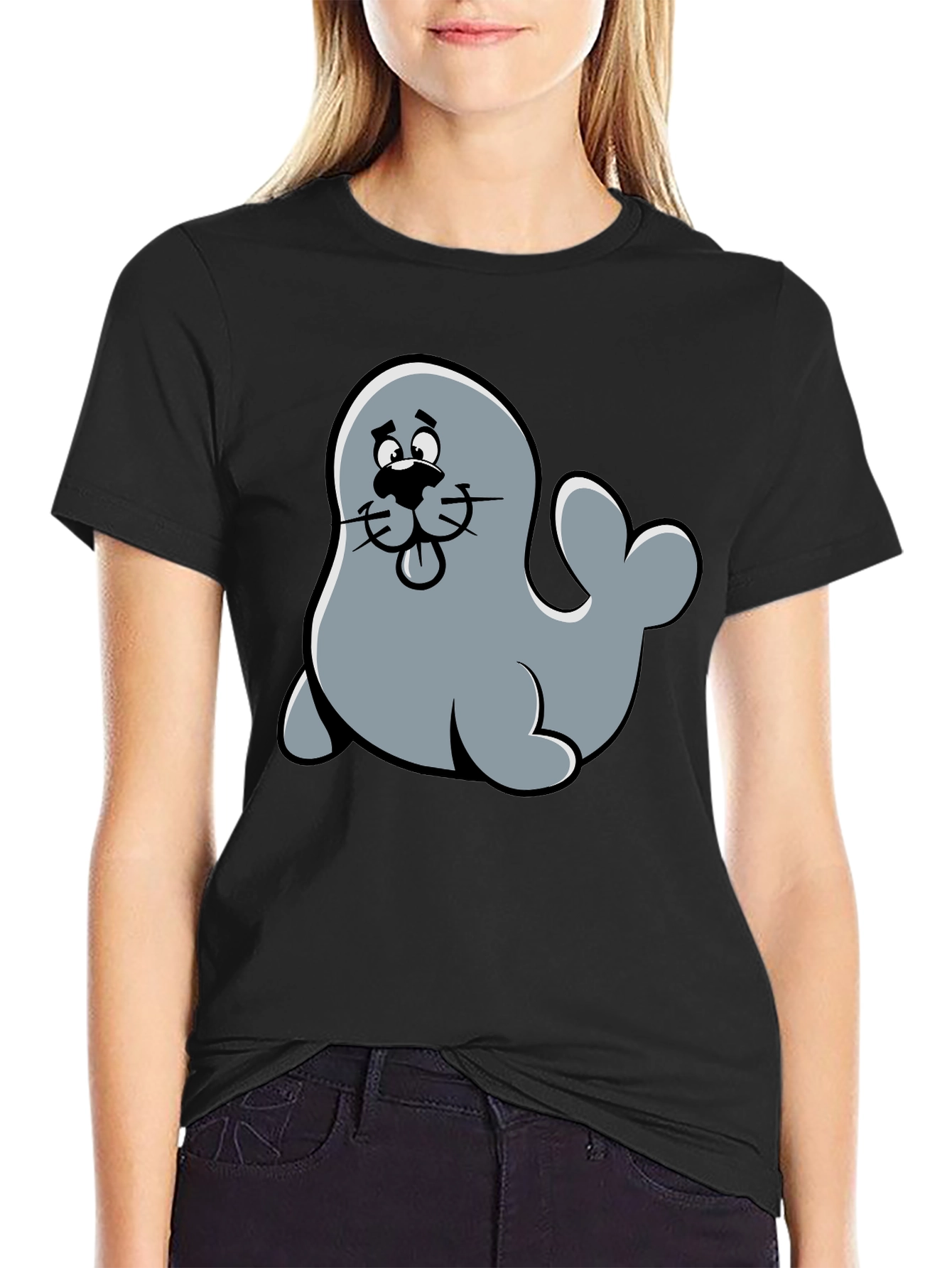 Cute Seal Cartoon Graphic Tee - Black