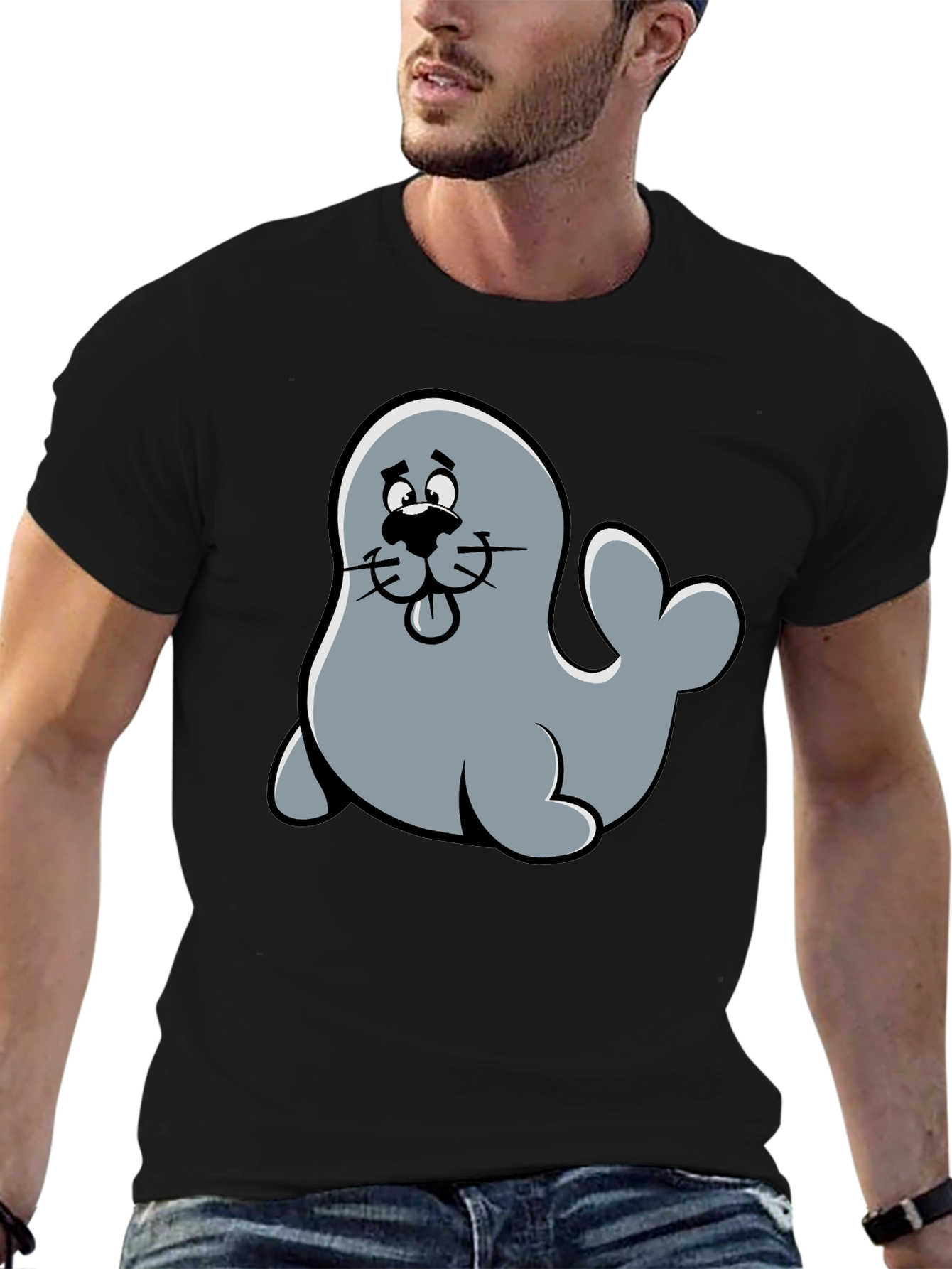 Cute Seal Cartoon Graphic Tee - Black