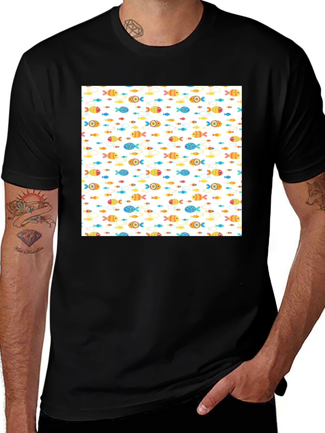 Fun Fish Pattern Black T-Shirt