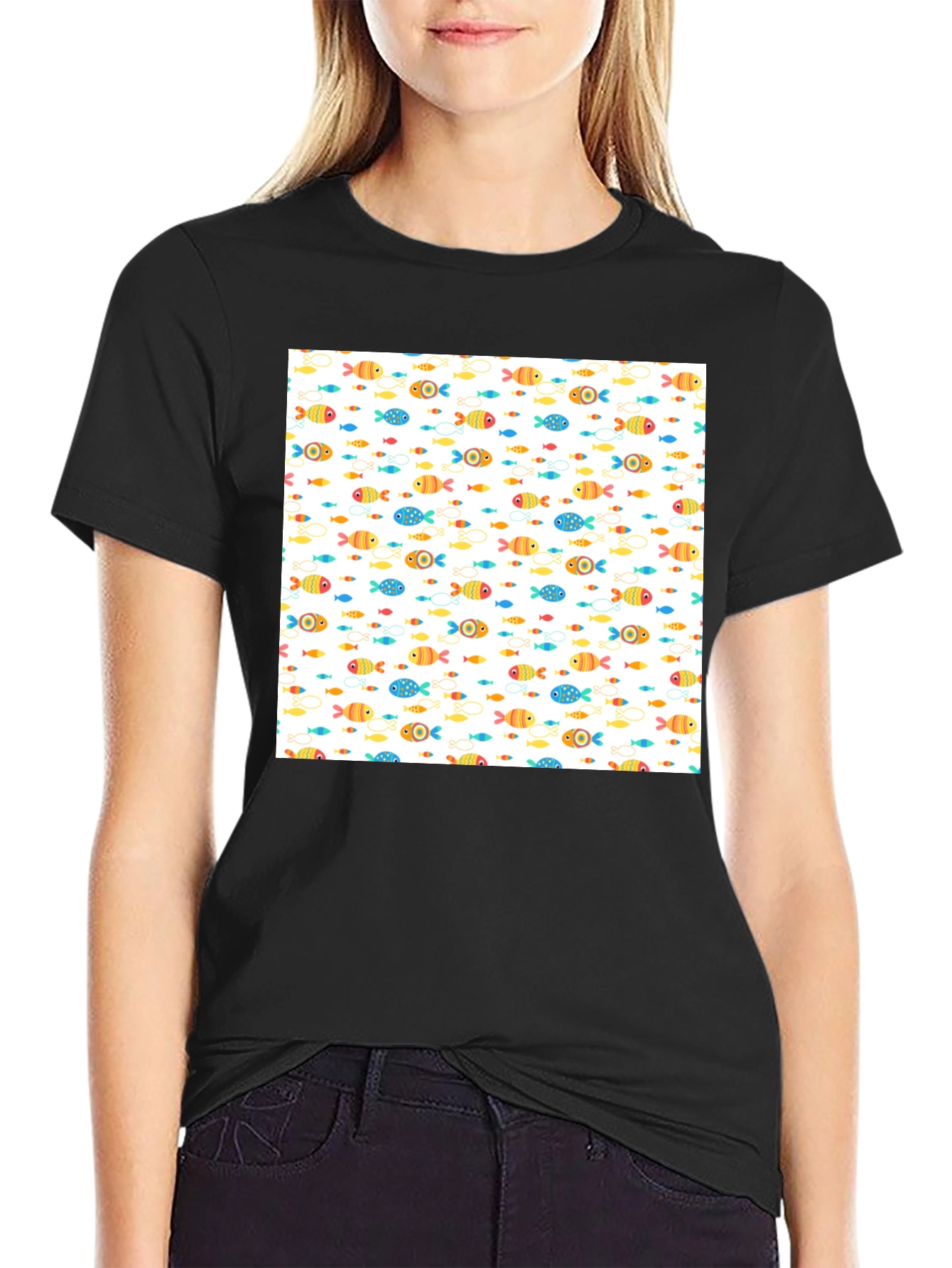Fun Fish Pattern Black T-Shirt