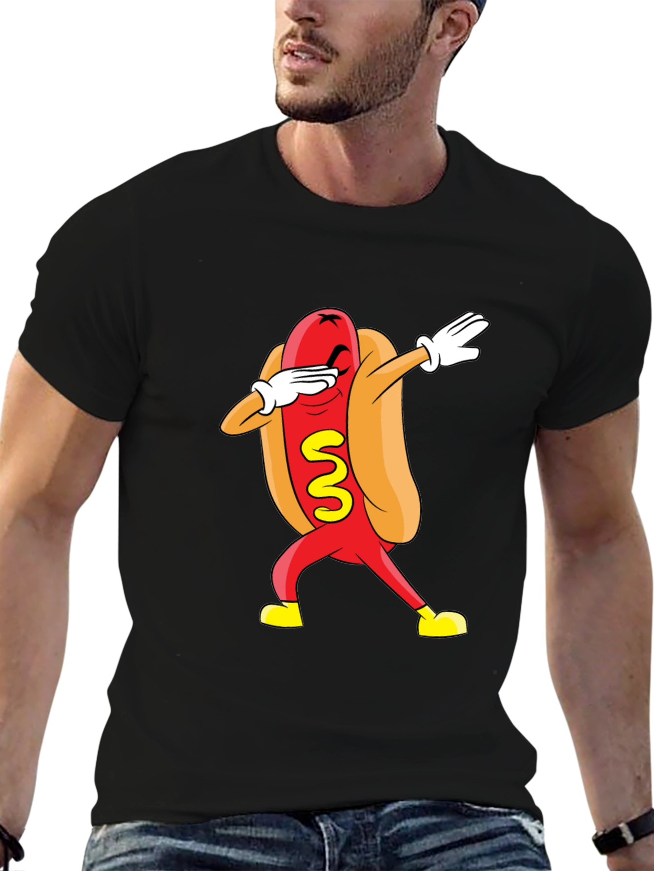 Funny Dabbing Hot Dog Graphic T-Shirt - Black
