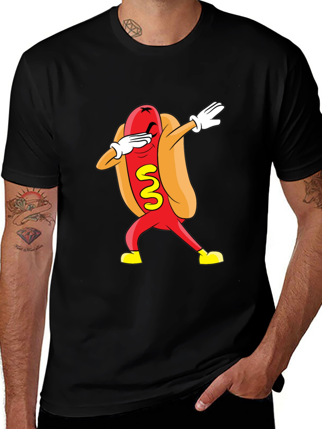 Funny Dabbing Hot Dog Graphic T-Shirt - Black