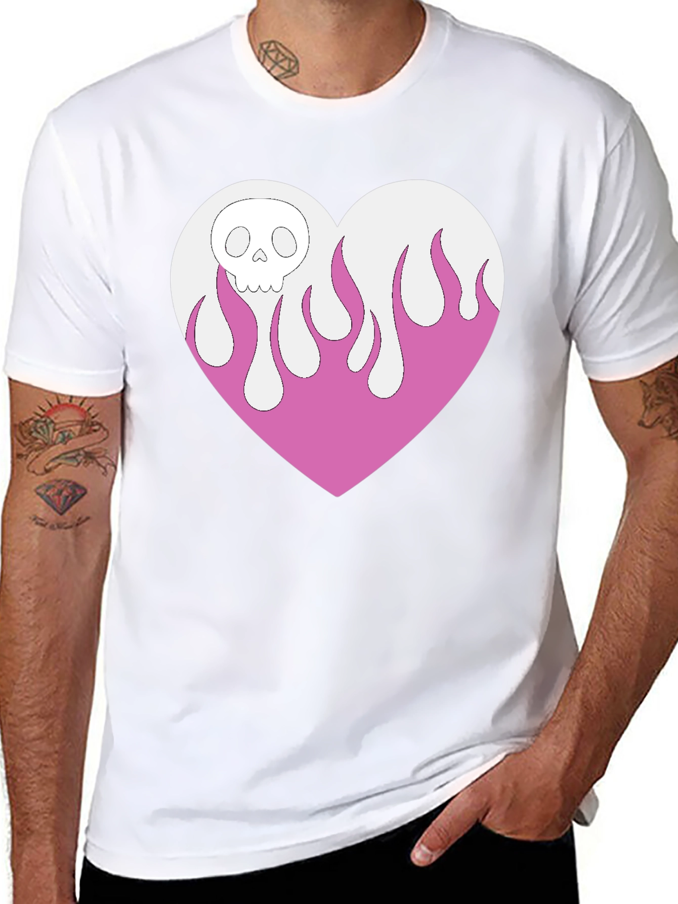 Skull Heart Flames Graphic Tee - Black Cotton