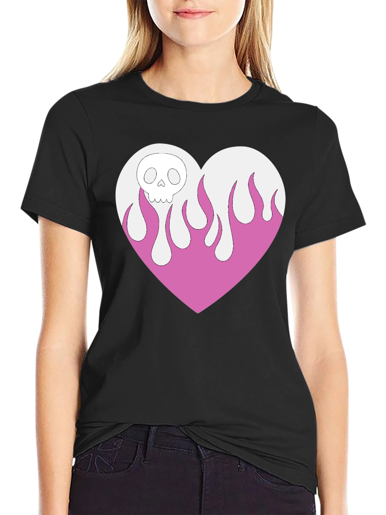 Skull Heart Flames Graphic Tee - Black Cotton