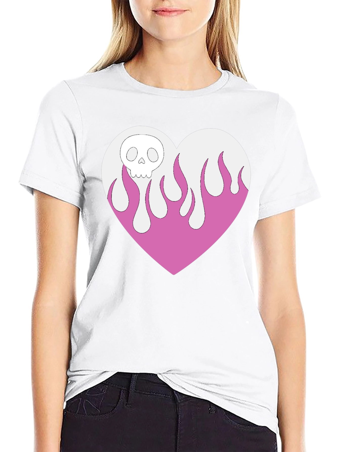 Skull Heart Flames Graphic Tee - Black Cotton