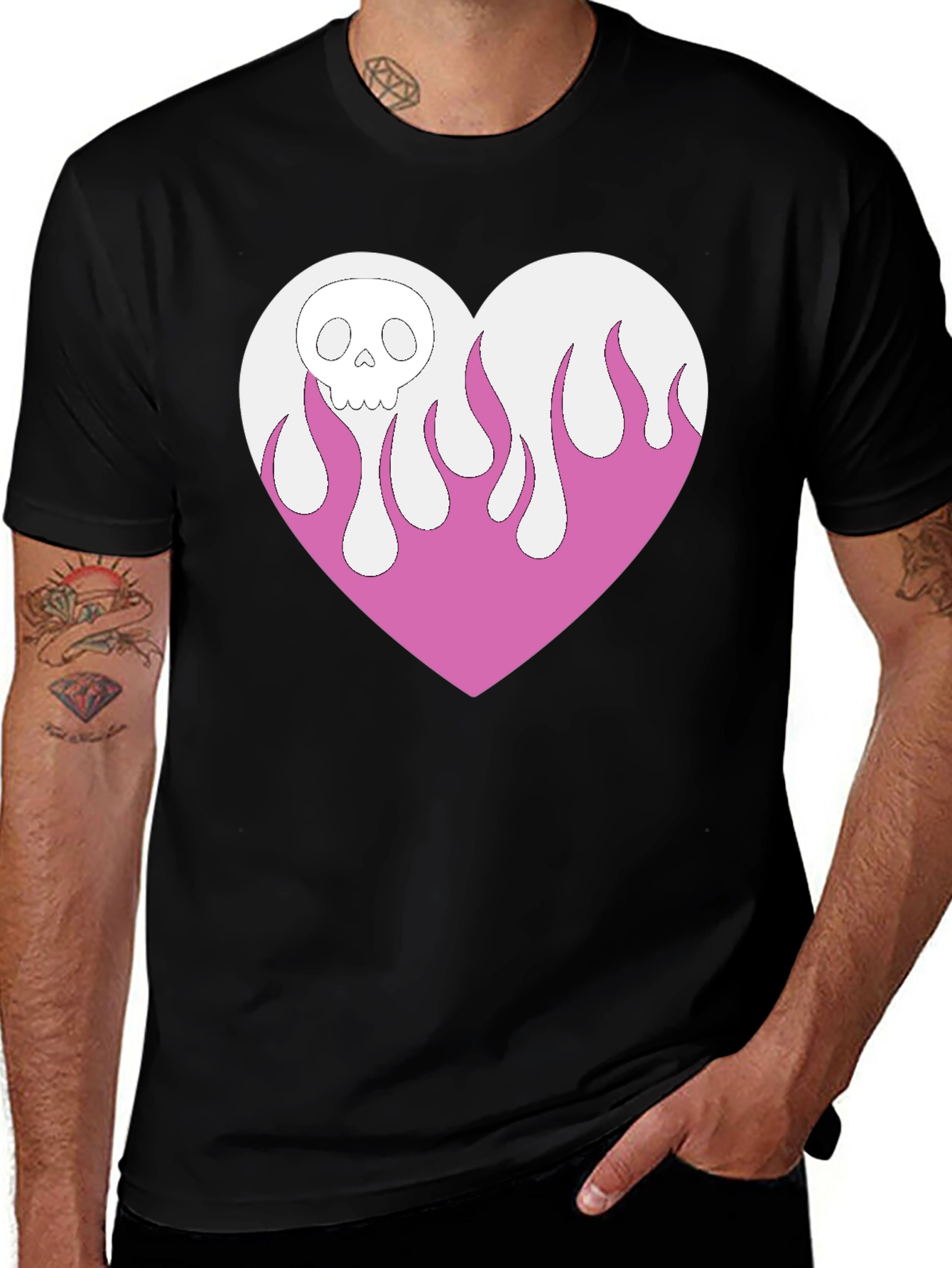Skull Heart Flames Graphic Tee - Black Cotton
