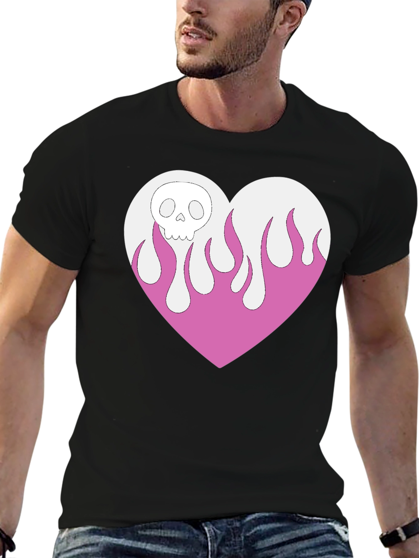Skull Heart Flames Graphic Tee - Black Cotton