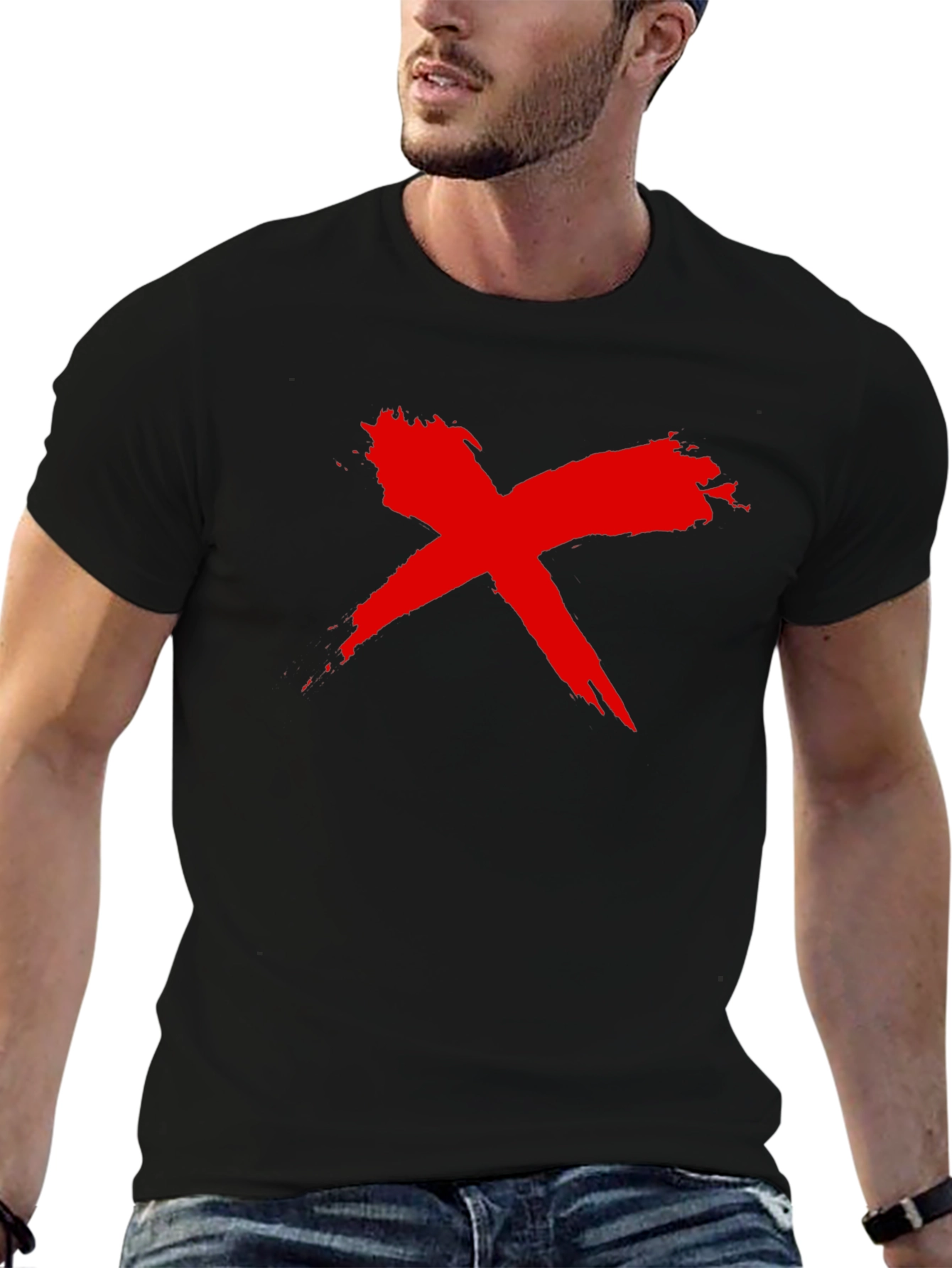 Bold Red X Graphic Black T-Shirt