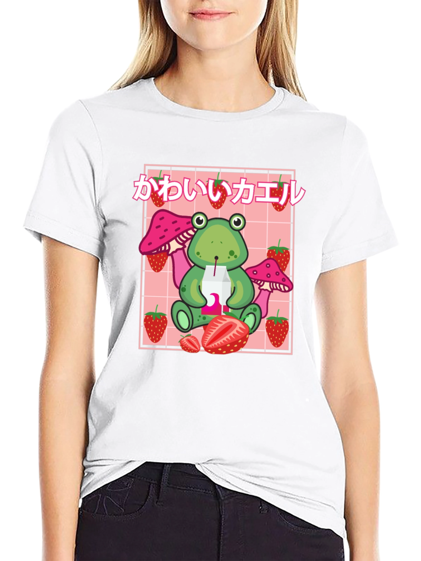 Kawaii Frog Strawberry Black T-Shirt