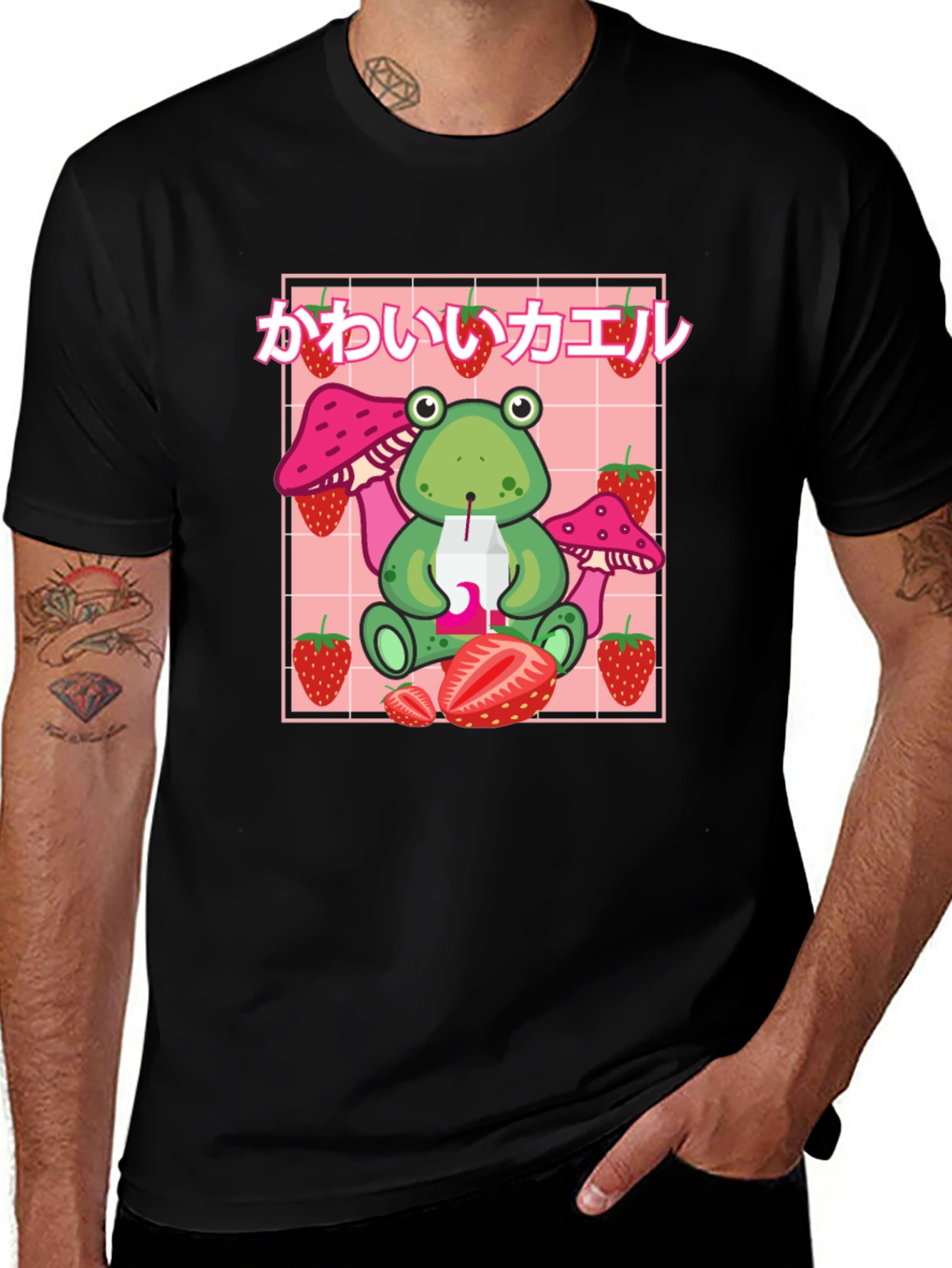 Kawaii Frog Strawberry Black T-Shirt