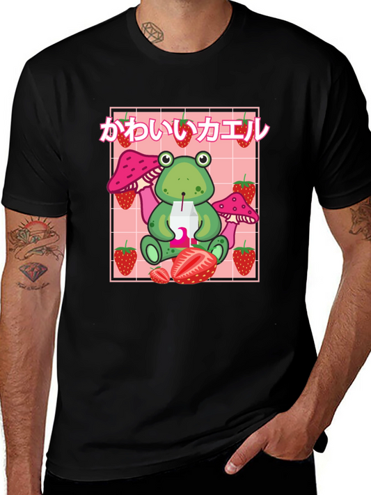 Kawaii Frog Strawberry Black T-Shirt