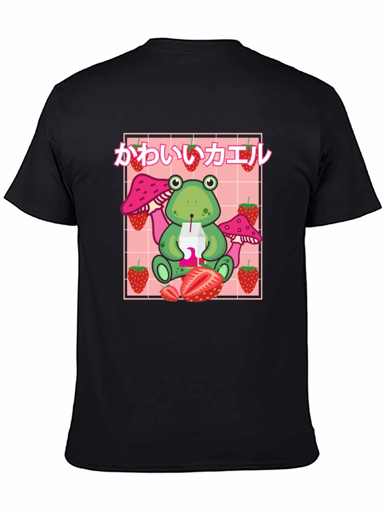 Kawaii Frog Strawberry Black T-Shirt