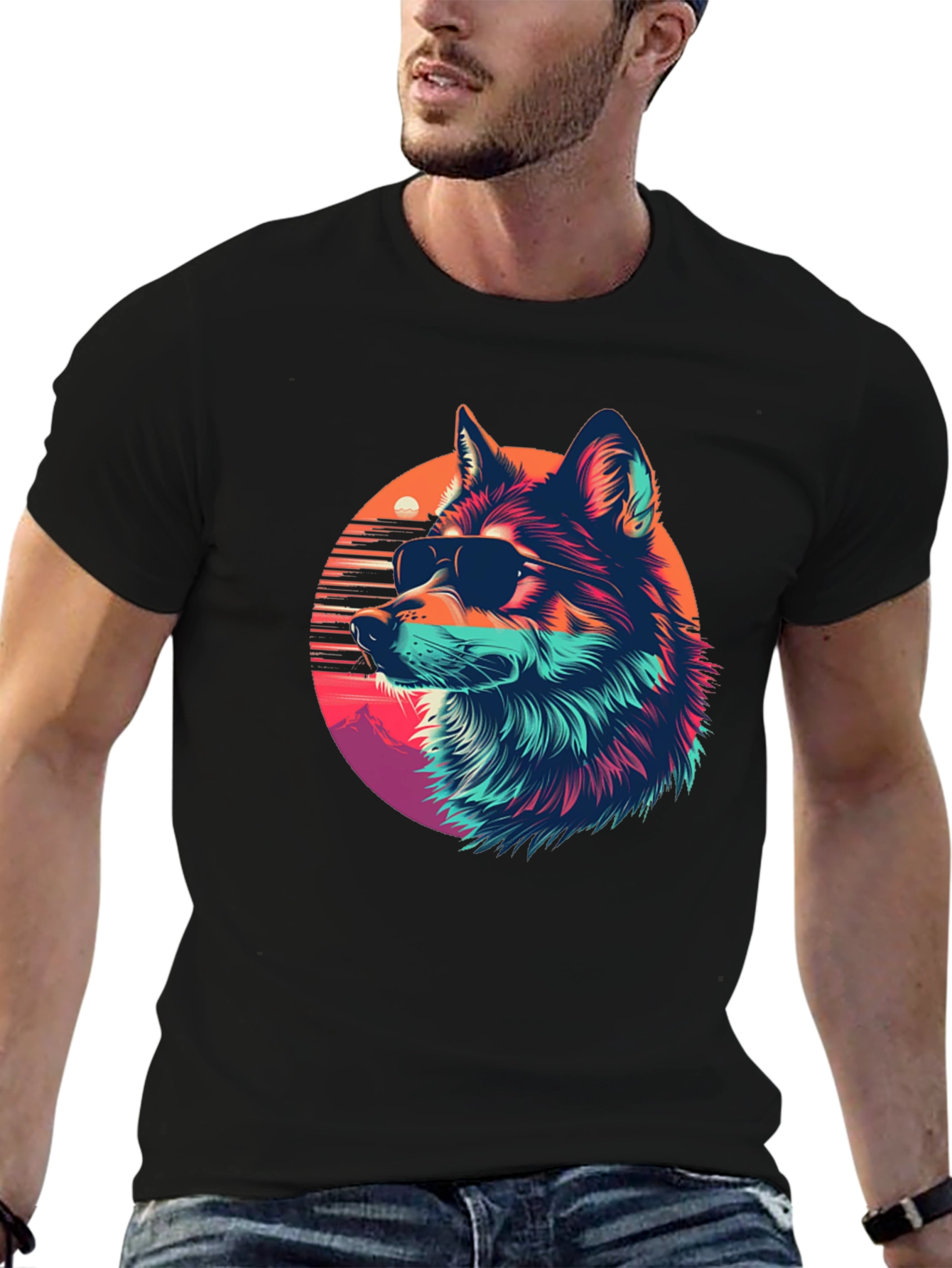 Cool Wolf Retro Sunset Graphic Tee