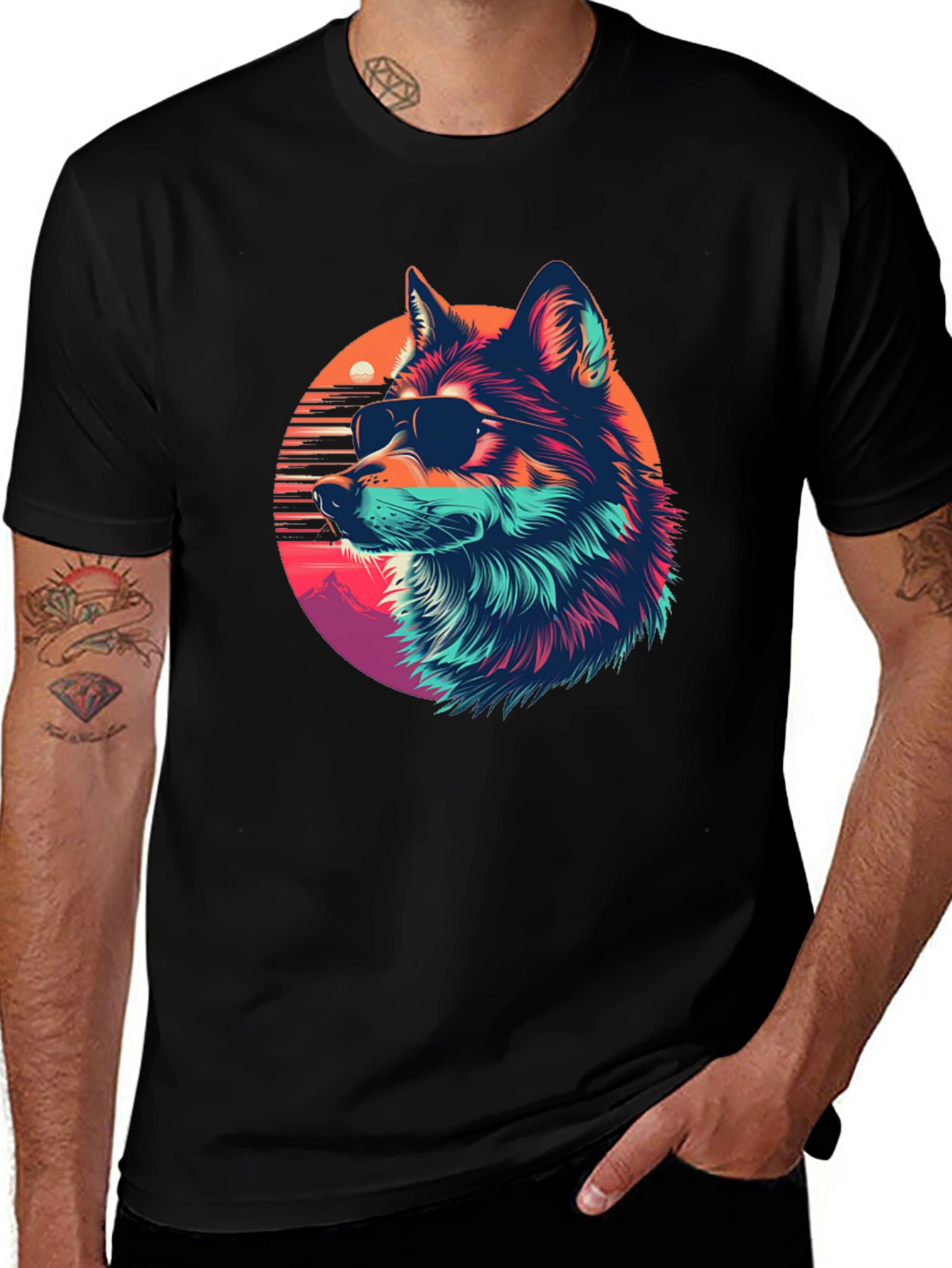 Cool Wolf Retro Sunset Graphic Tee