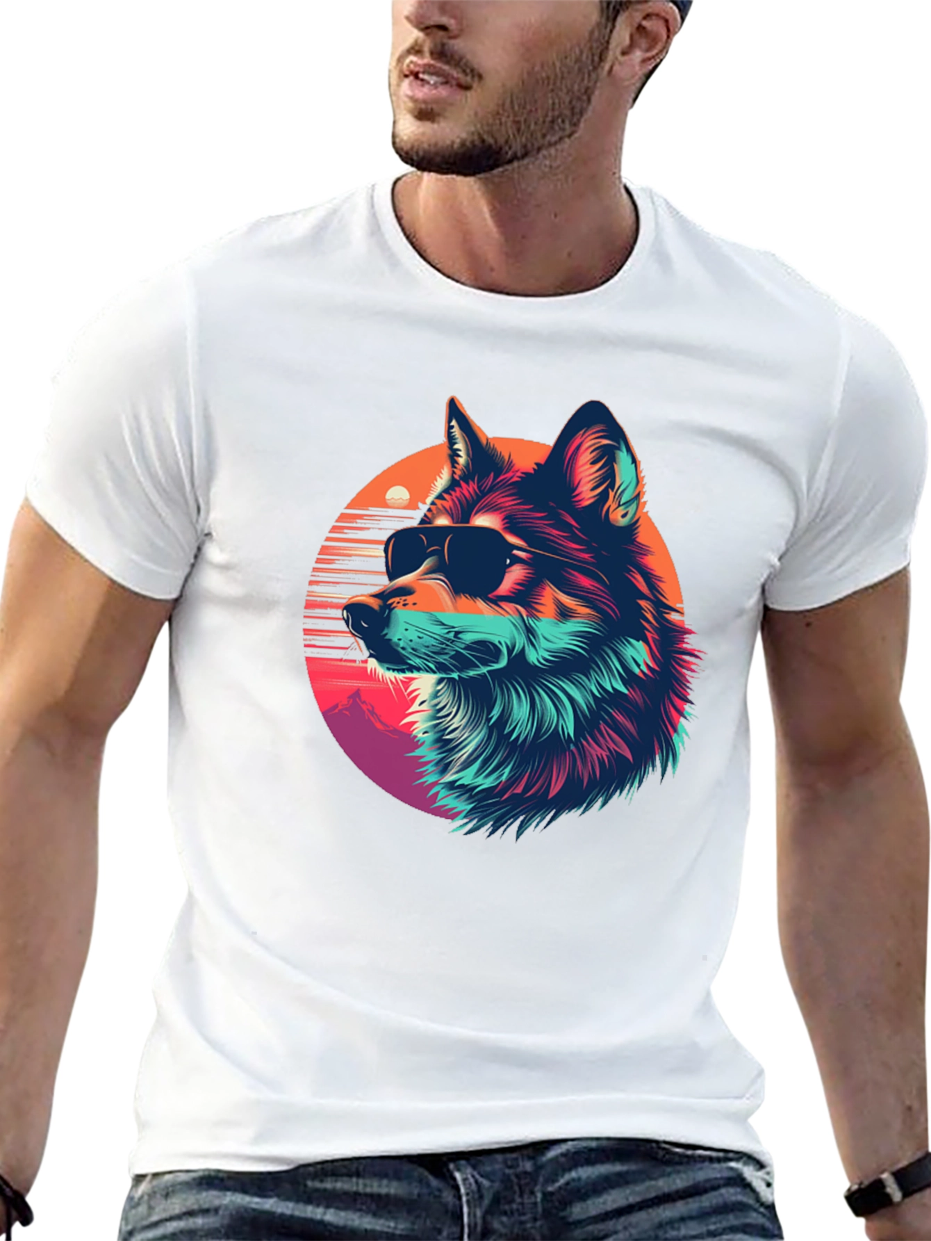 Cool Wolf Retro Sunset Graphic Tee
