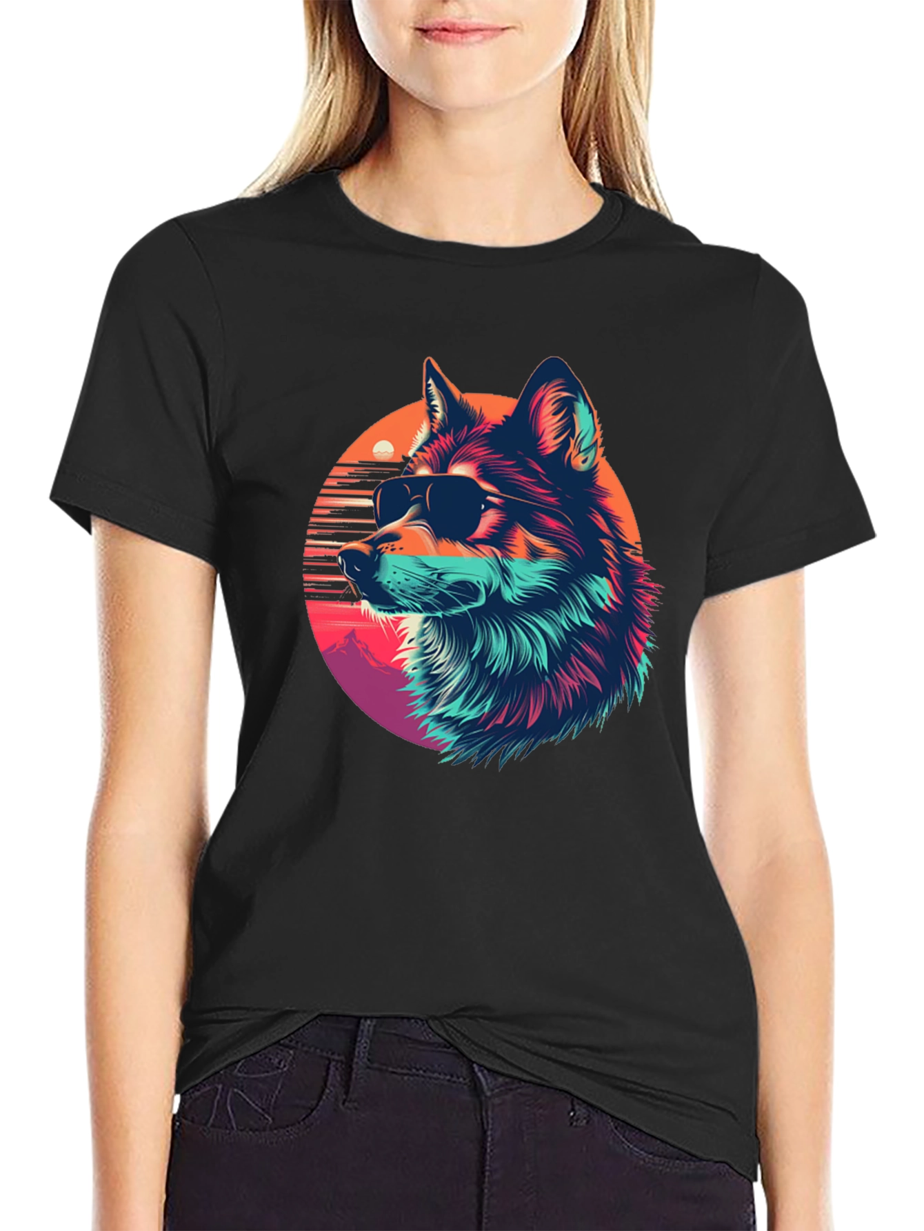 Cool Wolf Retro Sunset Graphic Tee