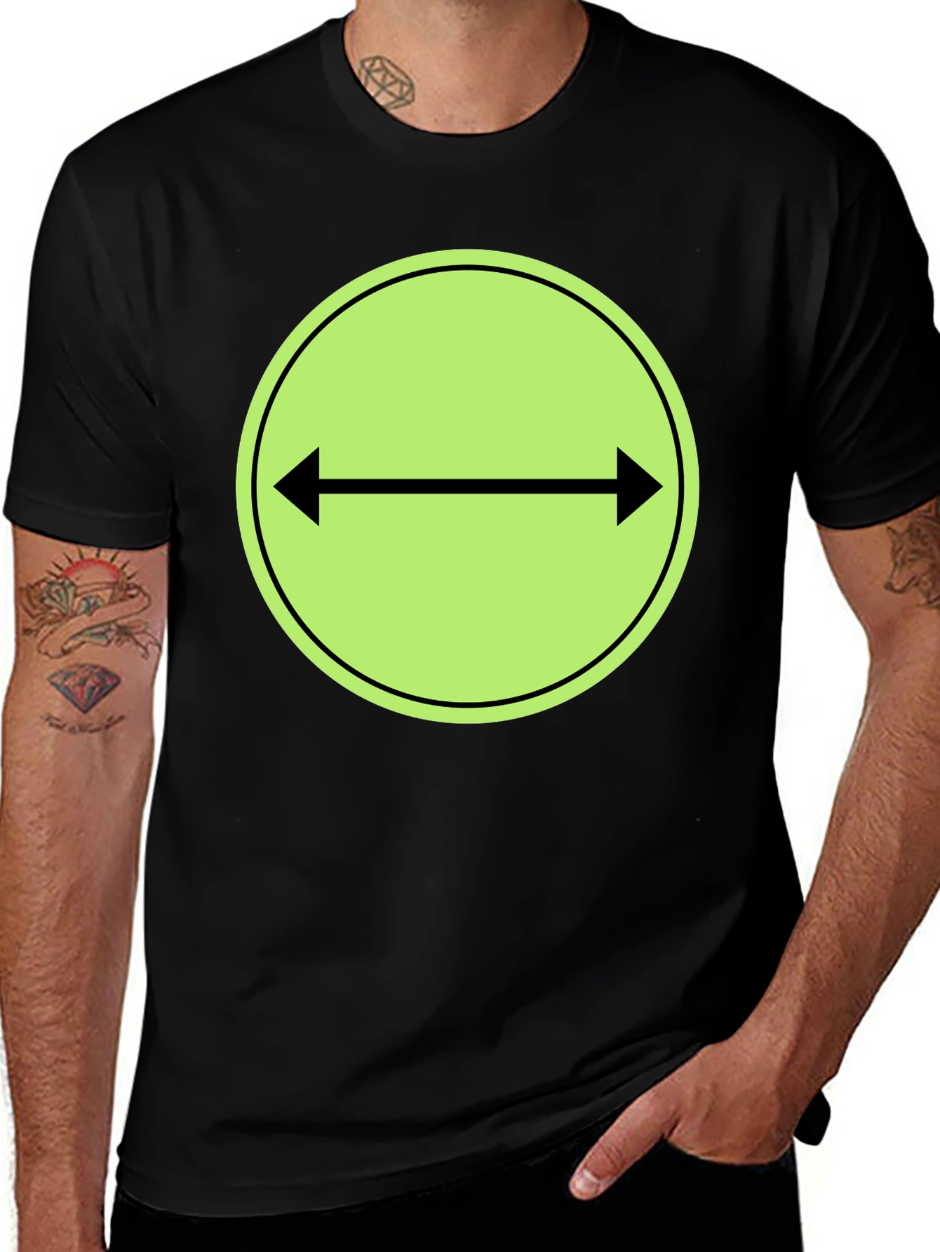 Black T-Shirt with Green Two-Way Arrow Design