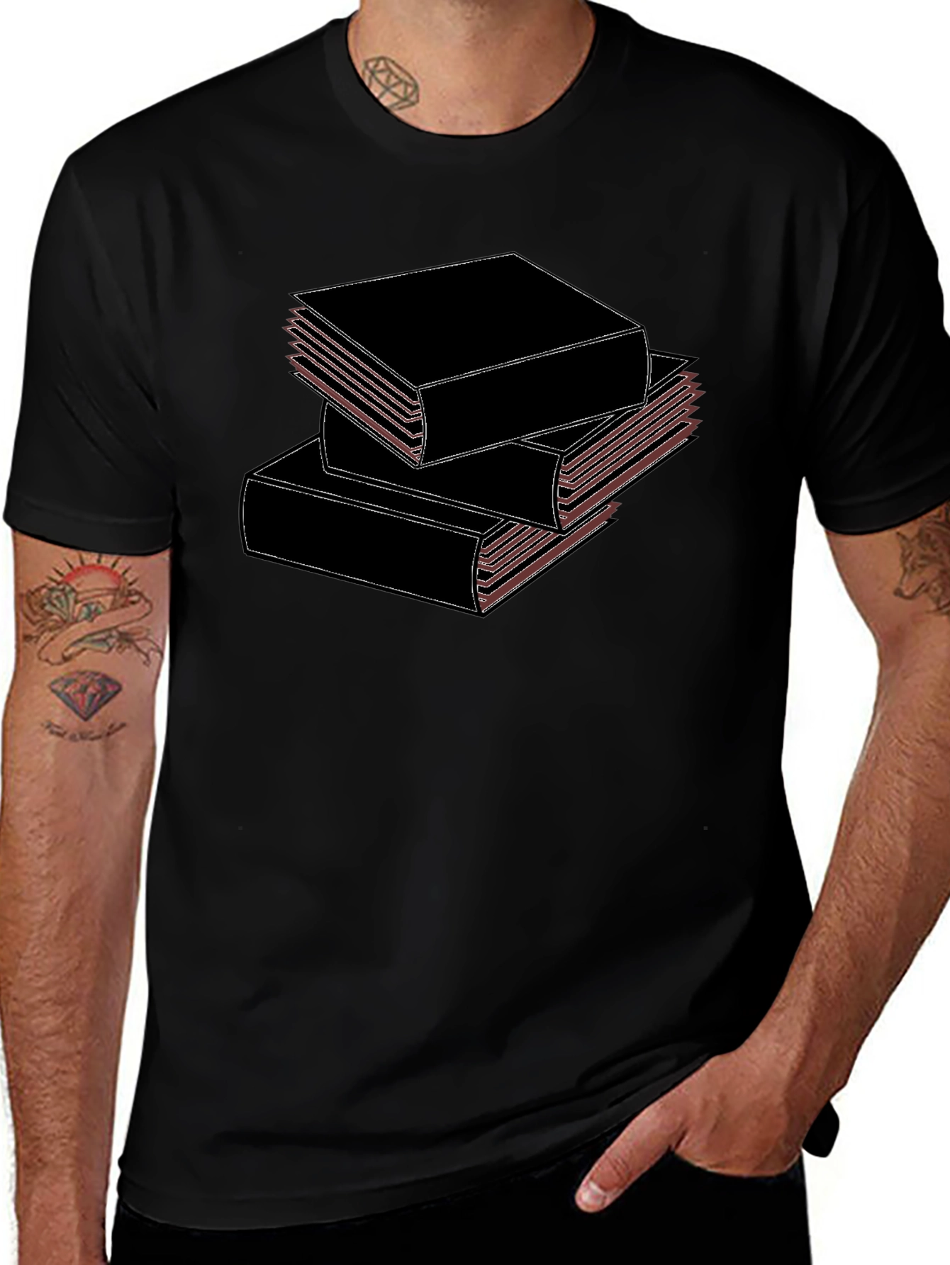 Stacked Books Black T-Shirt for Book Lovers