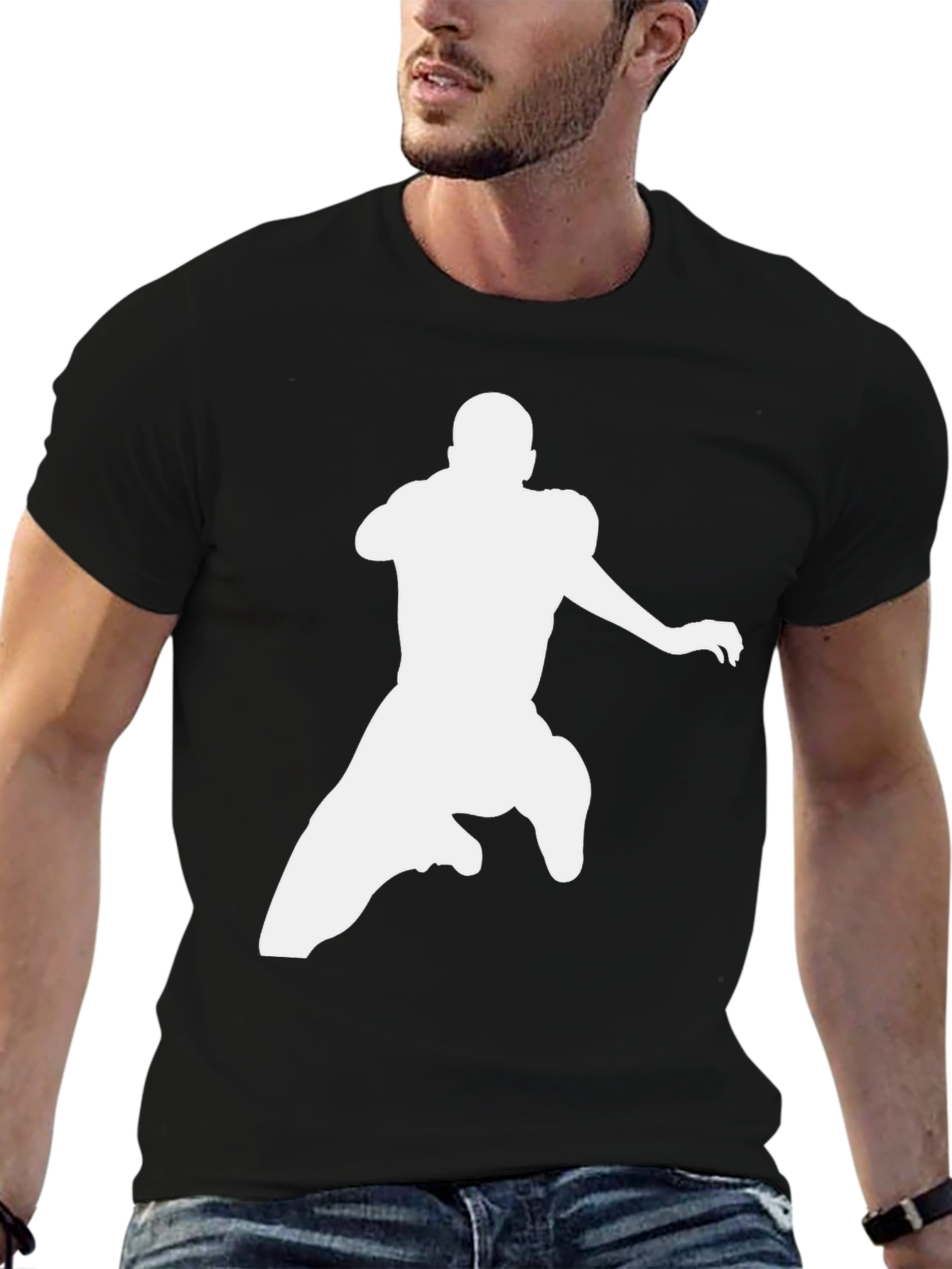 Football Silhouette Graphic Tee - Black Cotton Blend