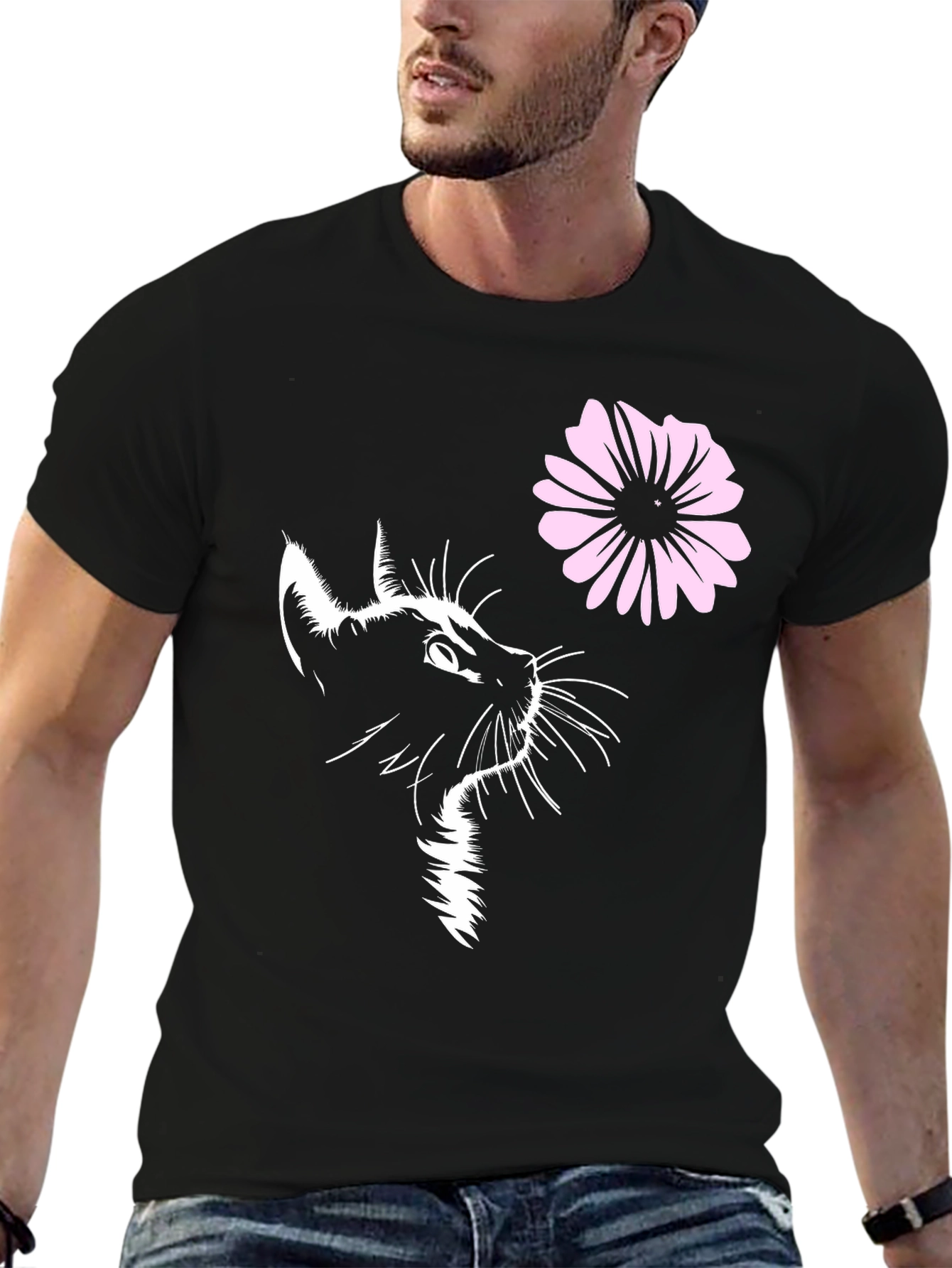 Black Cat & Flower Graphic T-Shirt