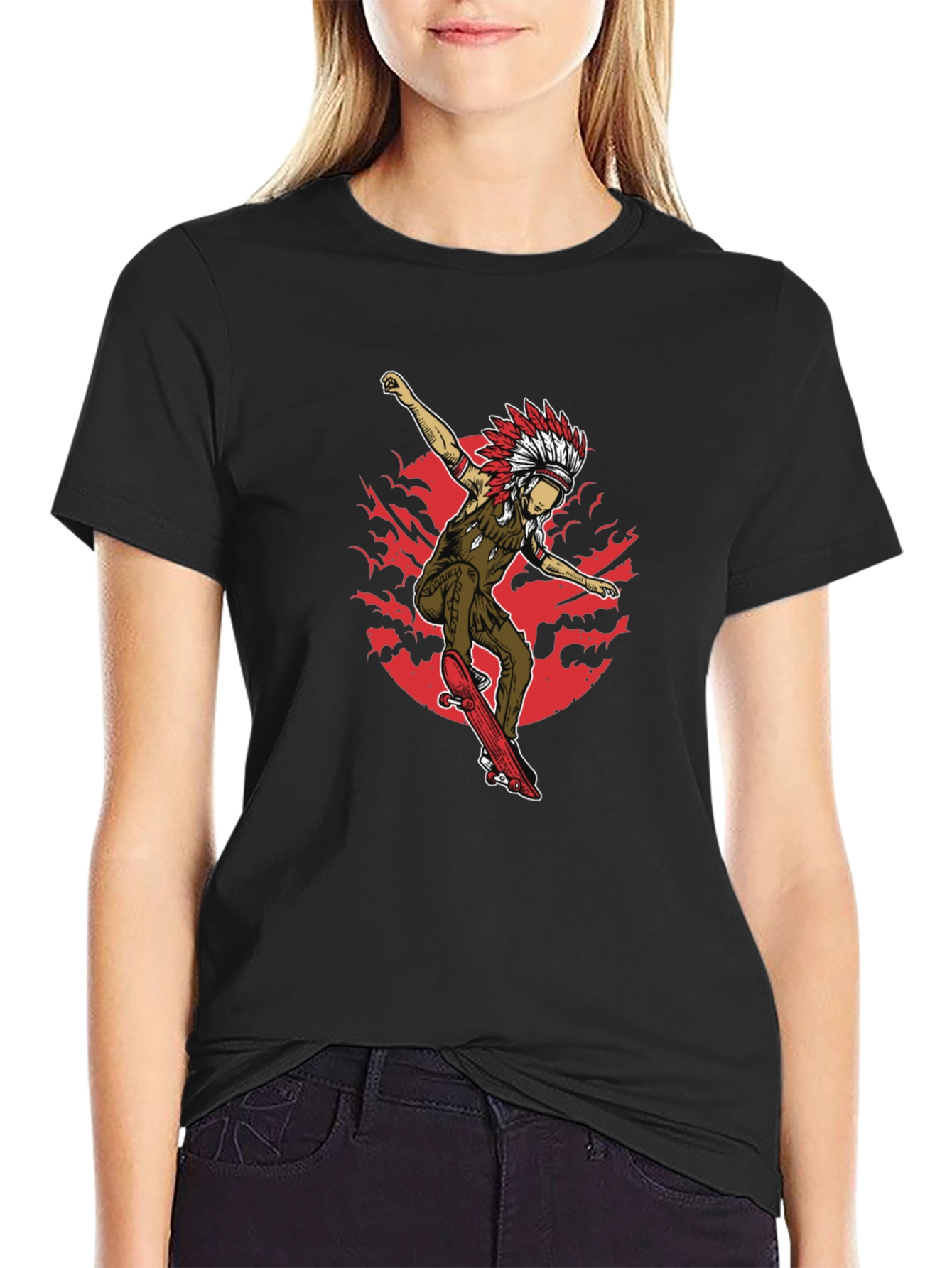 Native American Skateboarder Graphic Tee - Black