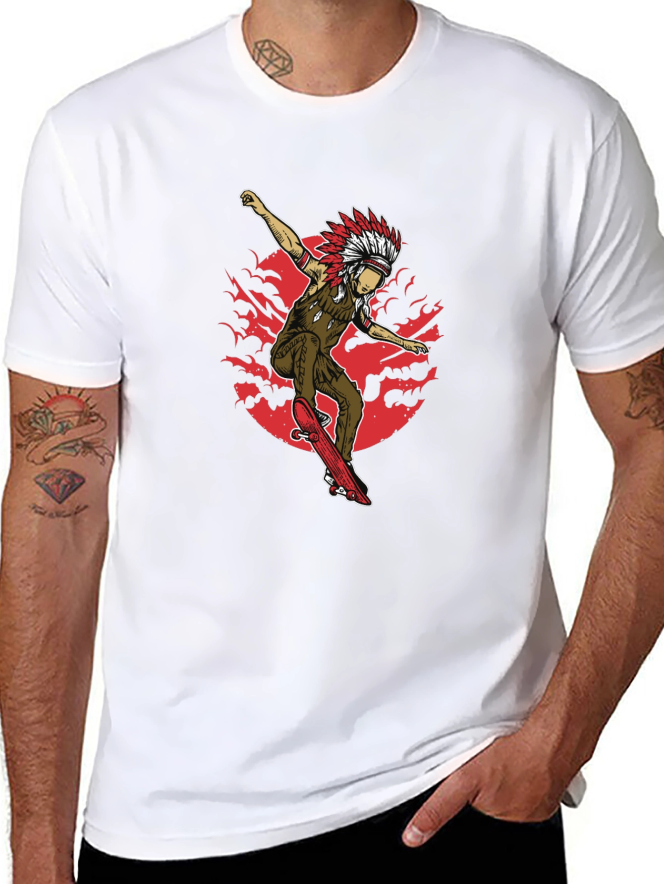 Native American Skateboarder Graphic Tee - Black
