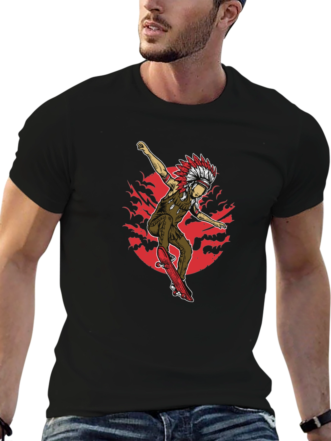 Native American Skateboarder Graphic Tee - Black