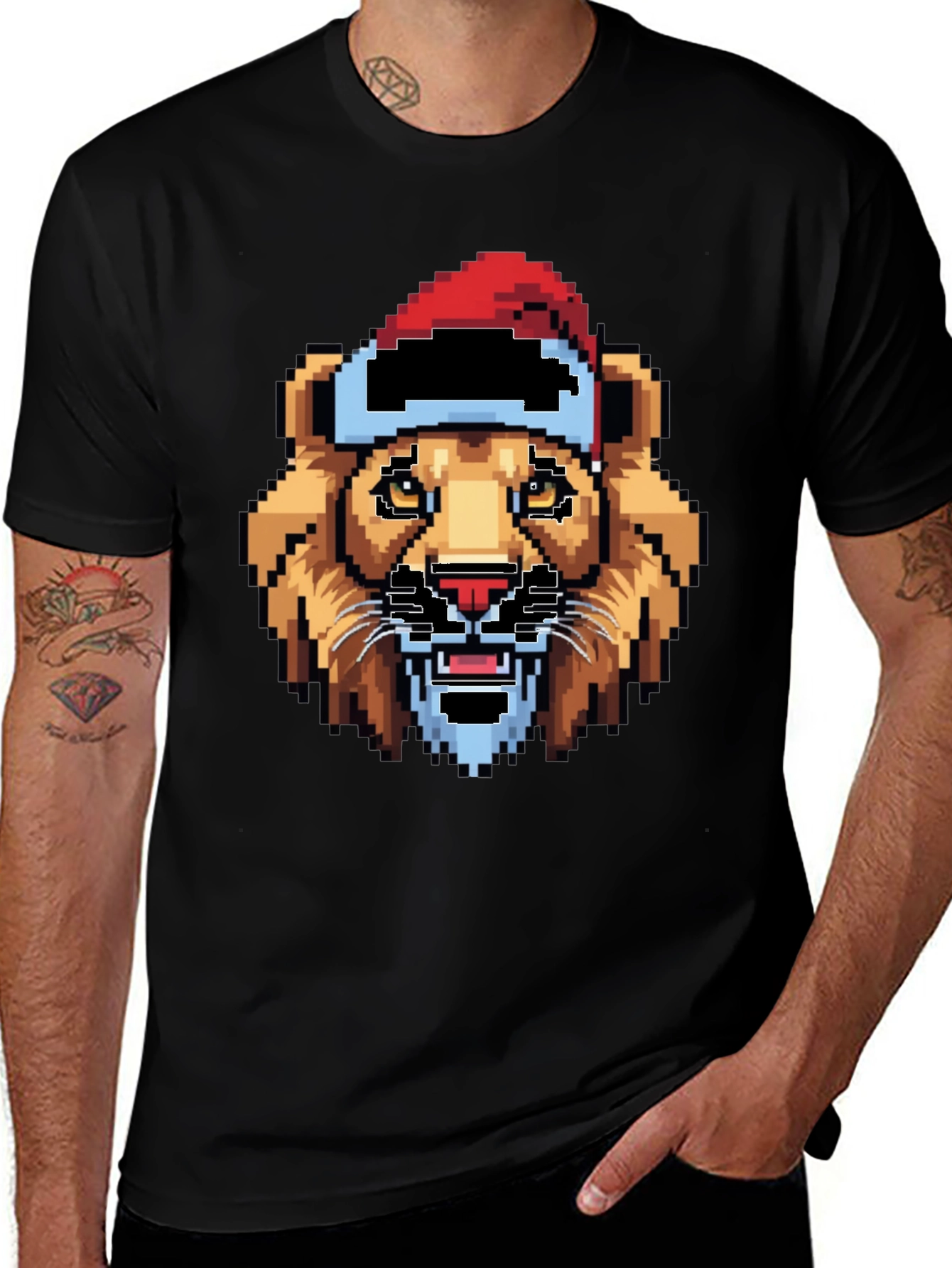 Pixel Lion Santa Hat T-Shirt - Black