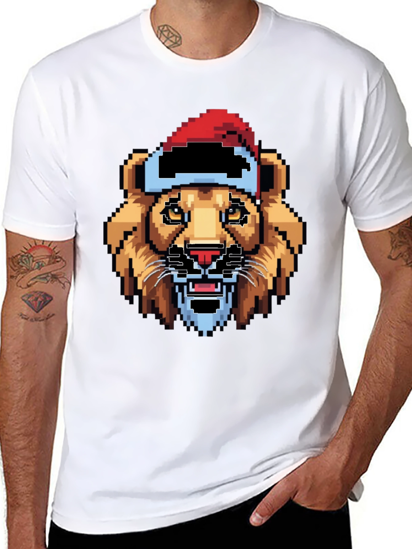 Pixel Lion Santa Hat T-Shirt - Black