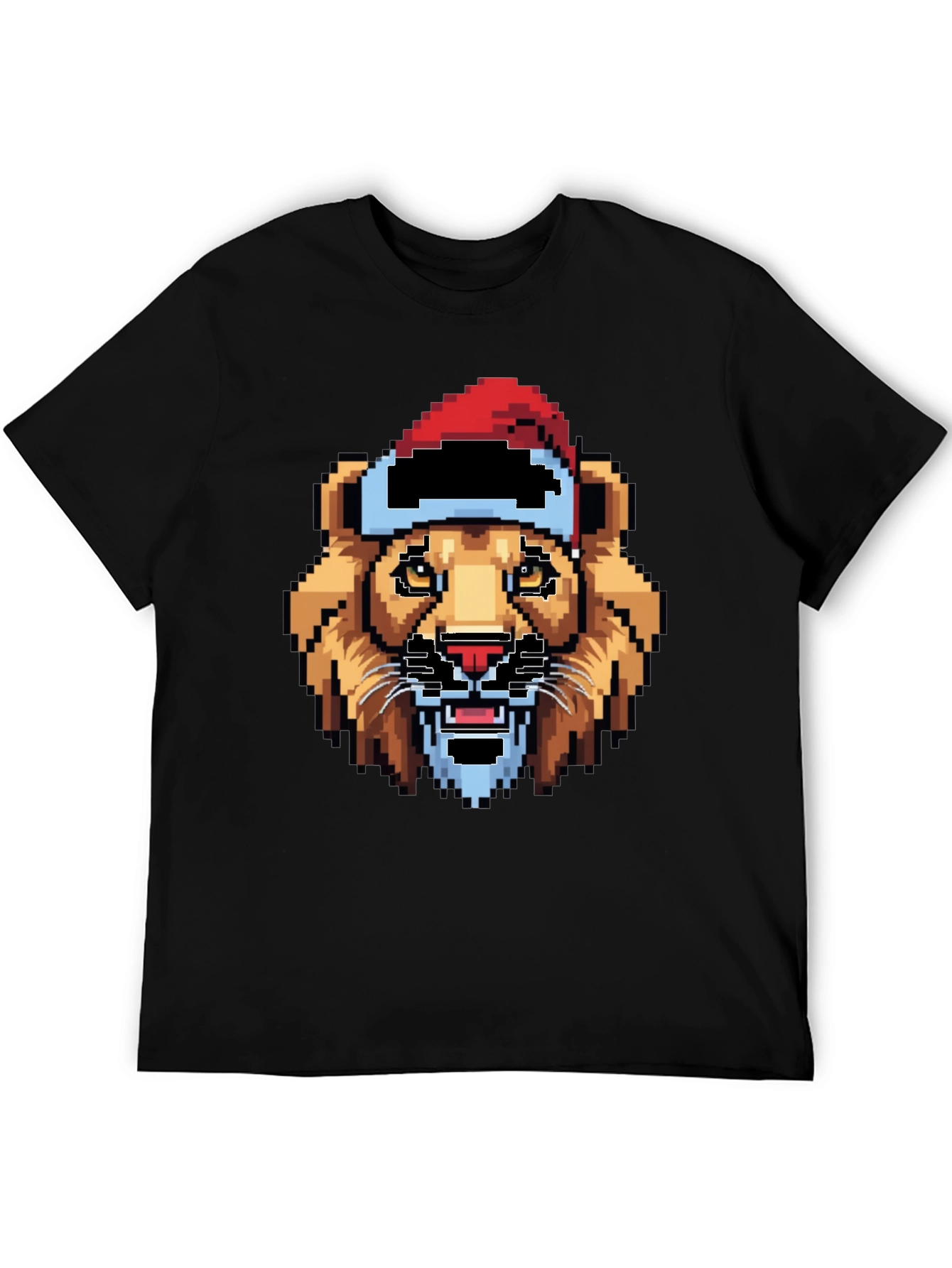 Pixel Lion Santa Hat T-Shirt - Black