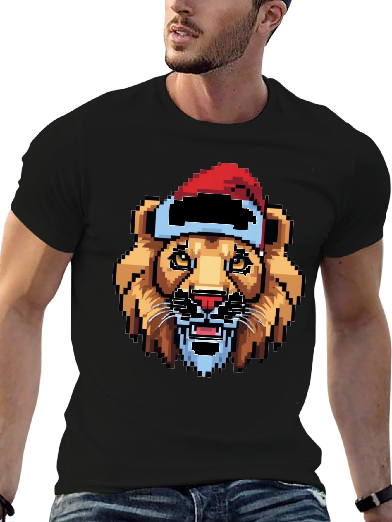 Pixel Lion Santa Hat T-Shirt - Black
