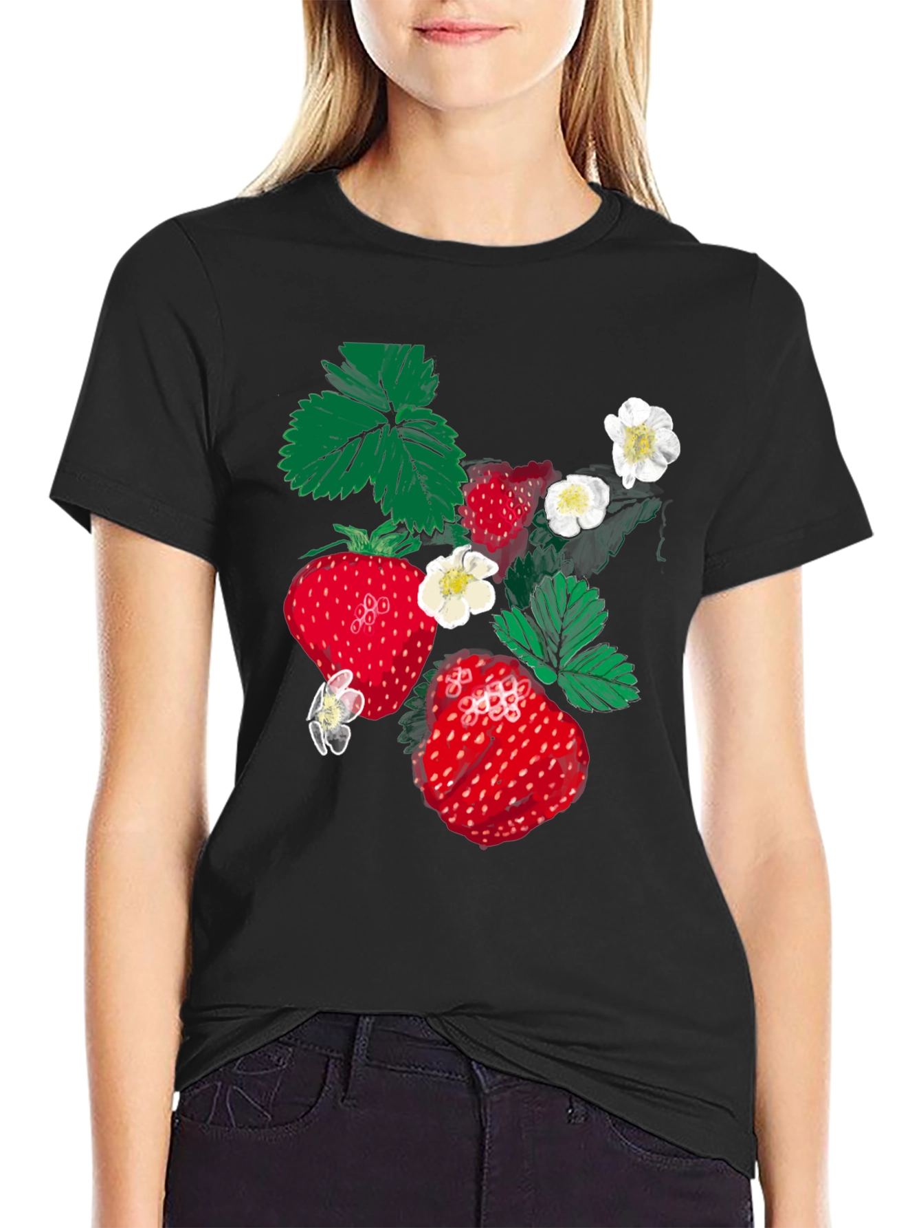 Strawberry Print Black T-Shirt