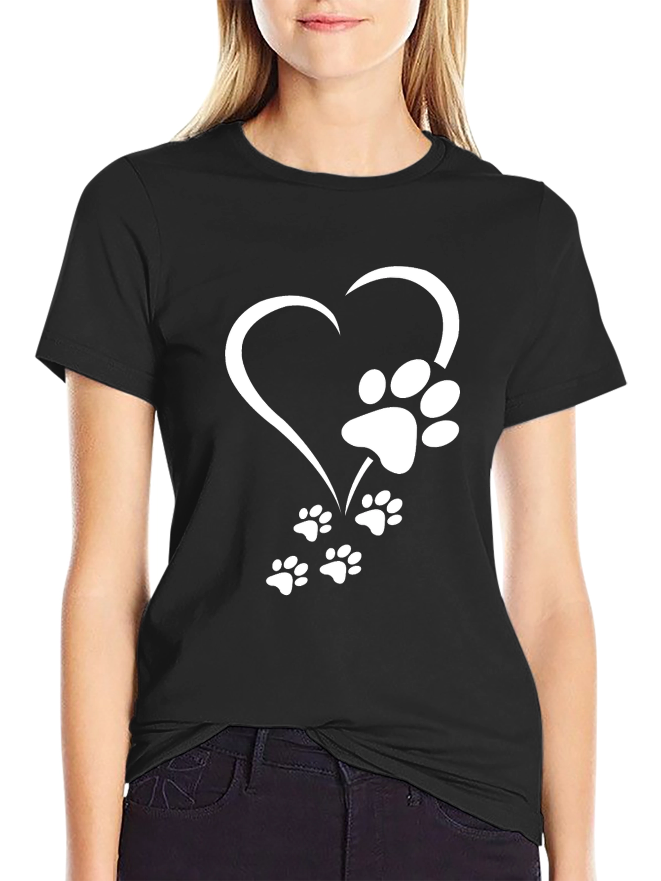 Heart Paw Print Graphic Tee - Black Casual T-Shirt