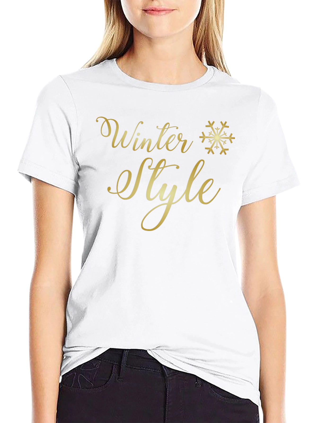 Winter Style Gold Graphic Print Black T-Shirt