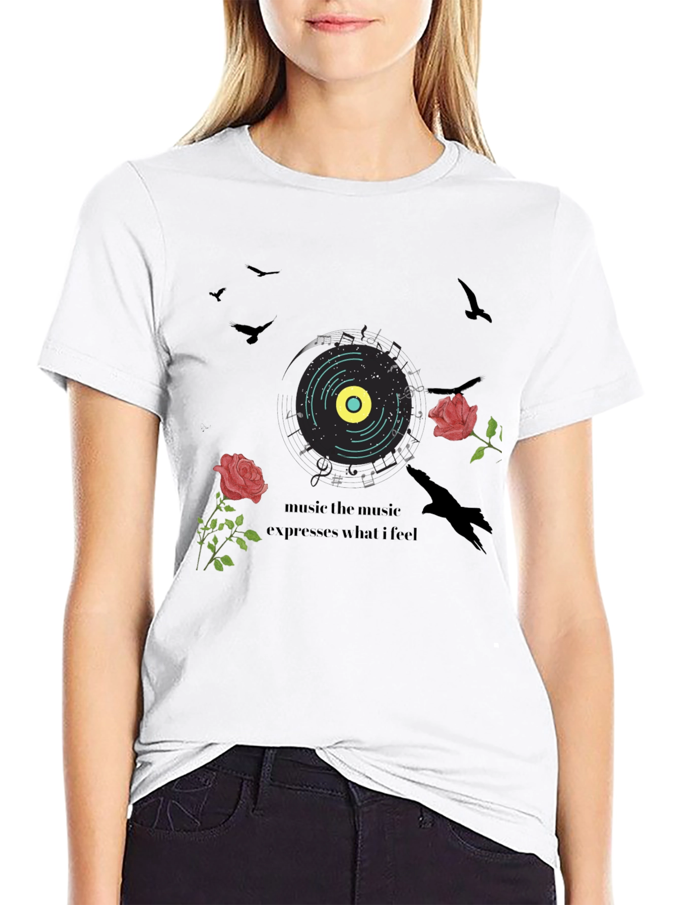 Music Lovers Graphic Tee: Roses & Vinyl
