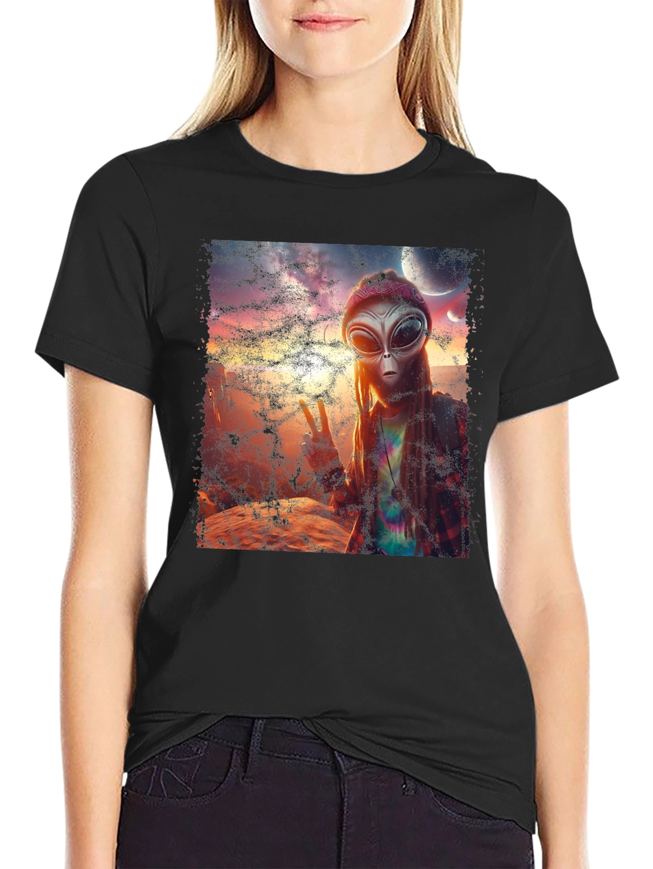 Alien Peace T-Shirt - Black Crew Neck Tee