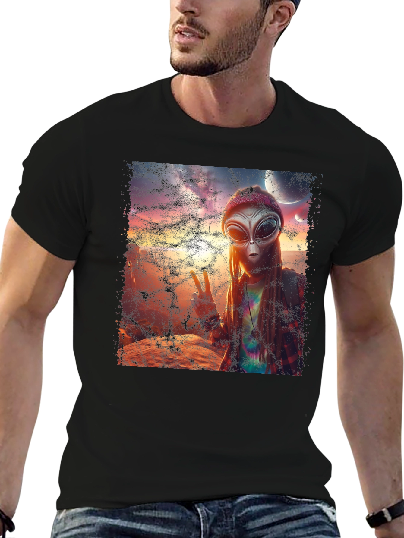 Alien Peace T-Shirt - Black Crew Neck Tee