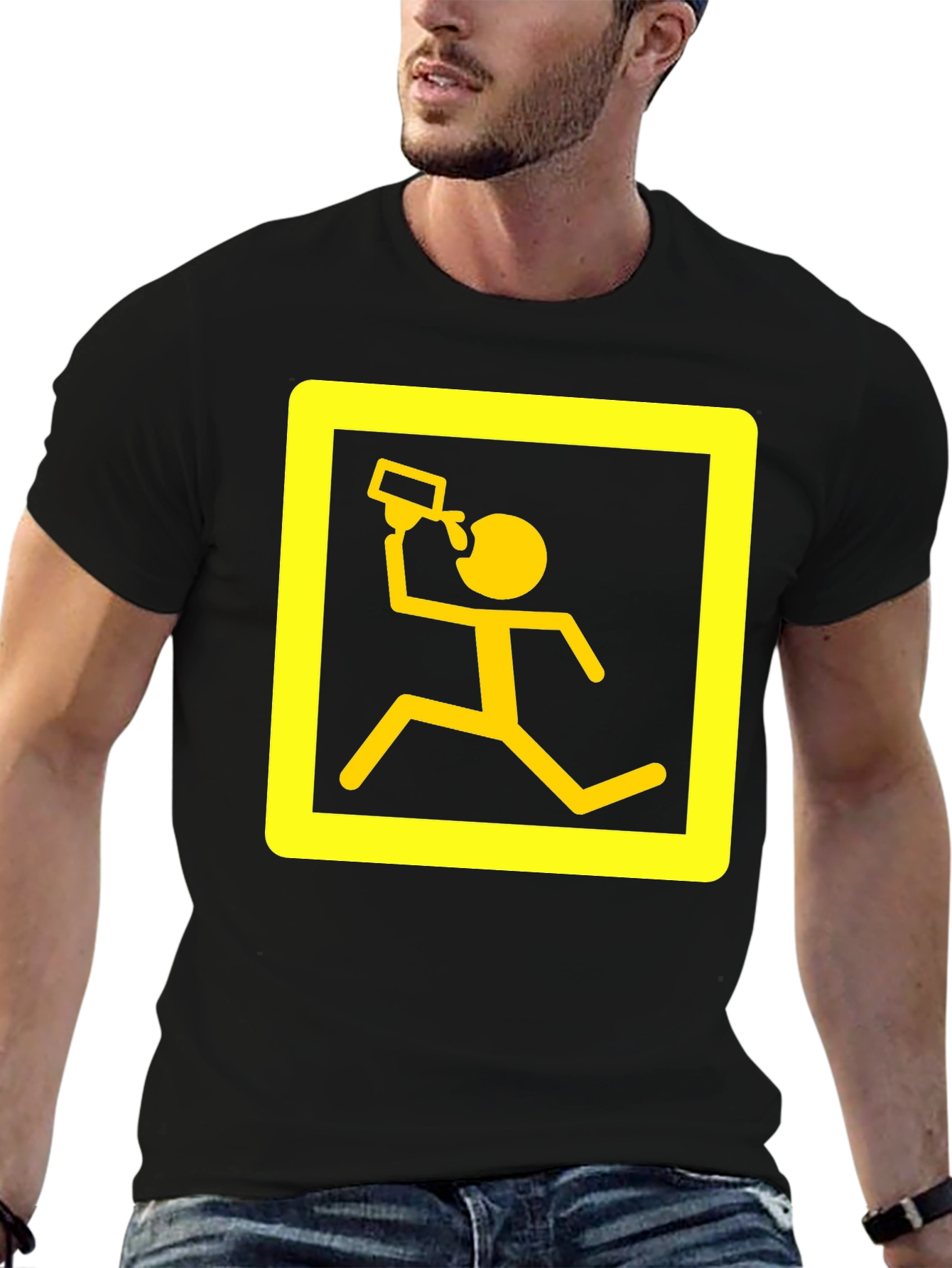 Funny Running Man Drinking T-Shirt - Black